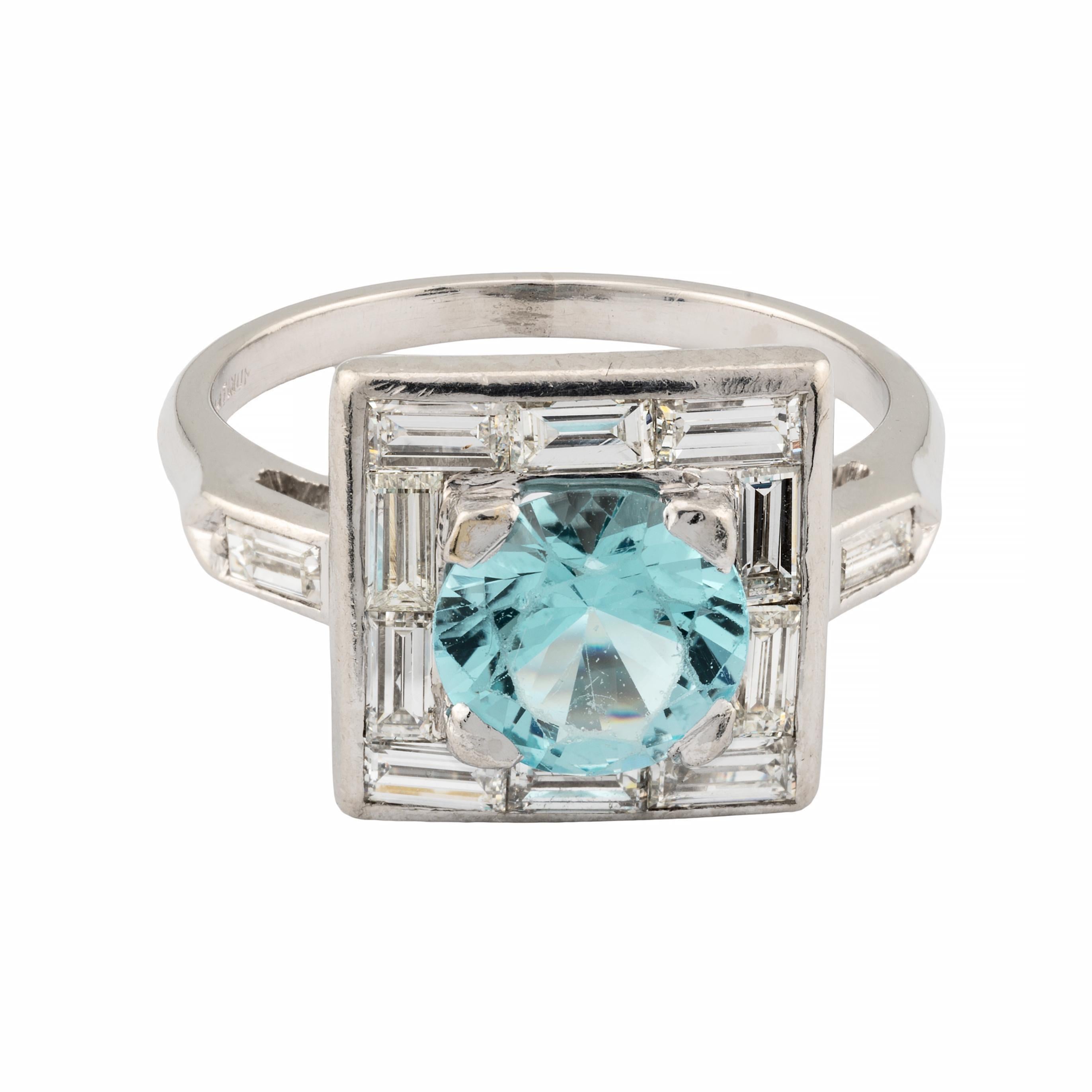 Round Cut Art Deco 2.80ctw Blue Zircon & Baguette Diamond Ring in Platinum For Sale