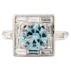 Antique Art Deco 2.80ctw Blue Zircon & Baguette Diamond Ring in Platinum