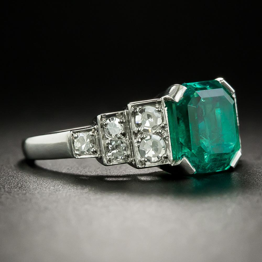Old European Cut Art Deco 2.81 Carat Gemmy Emerald and Diamond Ring, AGL Minor Enhancement