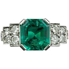 Art Deco 2.81 Carat Gemmy Emerald and Diamond Ring, AGL Minor Enhancement