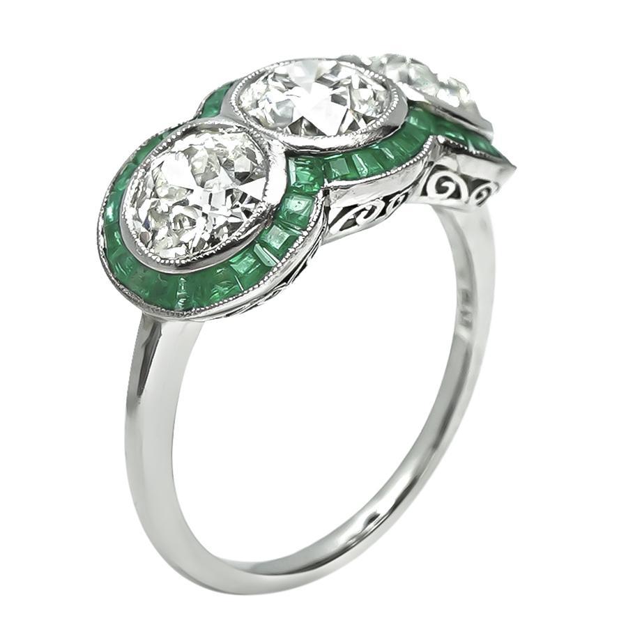 Old European Cut Art Deco 2.82ct Diamond Emerald Anniversary Ring For Sale