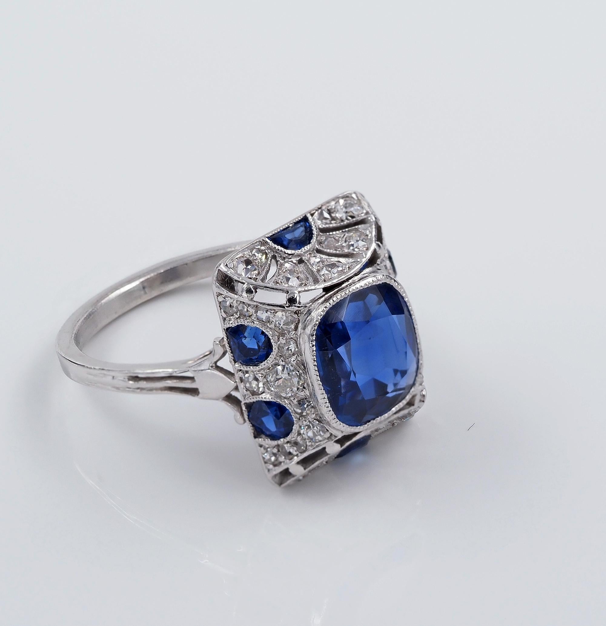 Antique Cushion Cut Art Deco Certified 2.83 Burma Sapphire Diamond Rare Ring For Sale