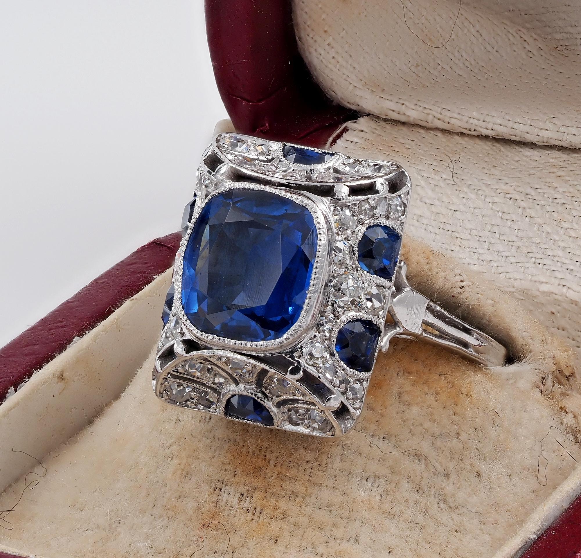 Art Deco Certified 2.83 Burma Sapphire Diamond Rare Ring For Sale 1