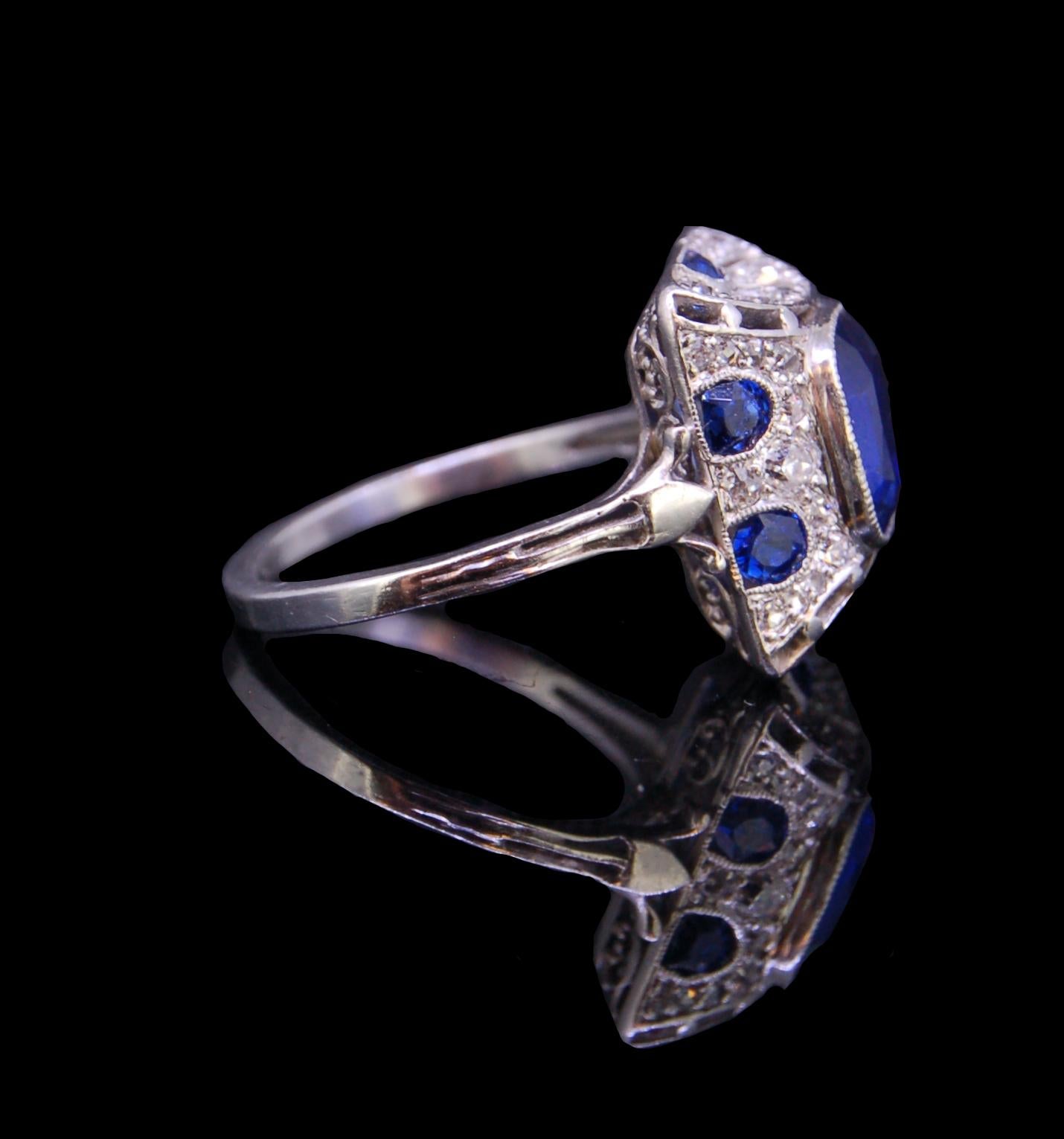 Cushion Cut Art Deco Style 2.83 Carat Burma Blue Sapphire and Diamond Platinum Ring For Sale