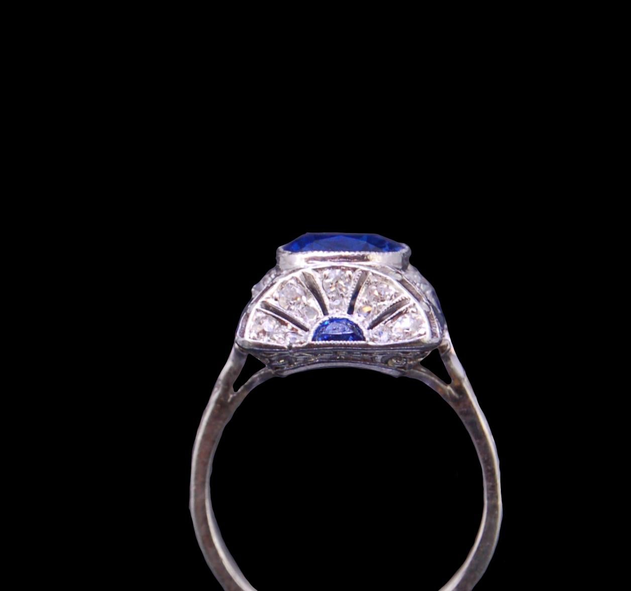 Women's or Men's Art Deco Style 2.83 Carat Burma Blue Sapphire and Diamond Platinum Ring For Sale
