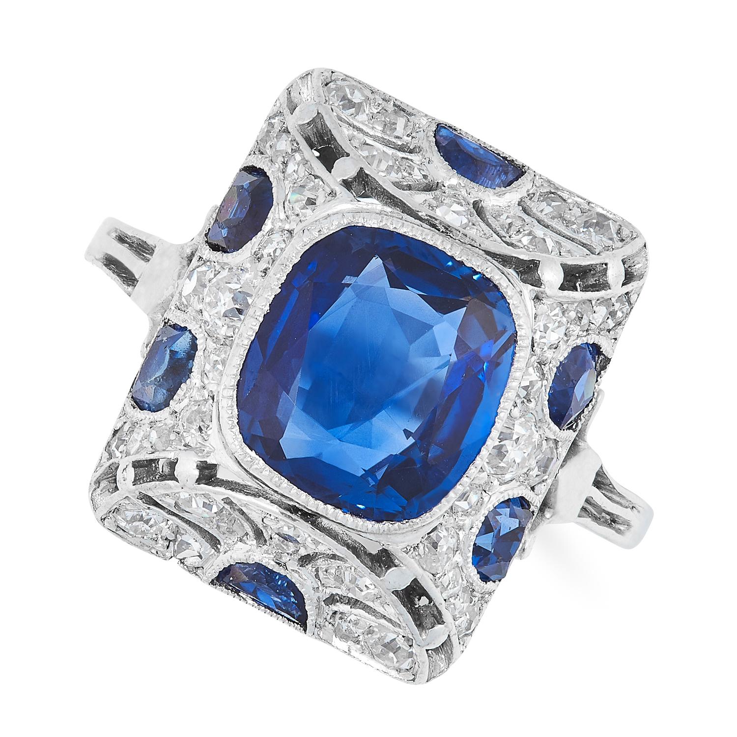 Art Deco Style 2.83 Carat Burma Blue Sapphire and Diamond Platinum Ring For Sale 1