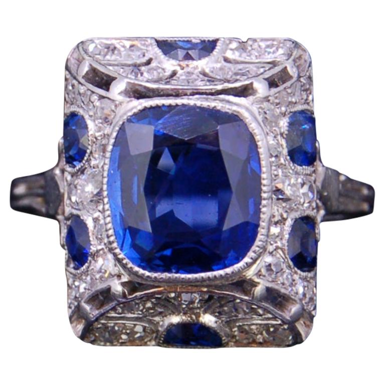 Art Deco Style 2.83 Carat Burma Blue Sapphire and Diamond Platinum Ring For Sale