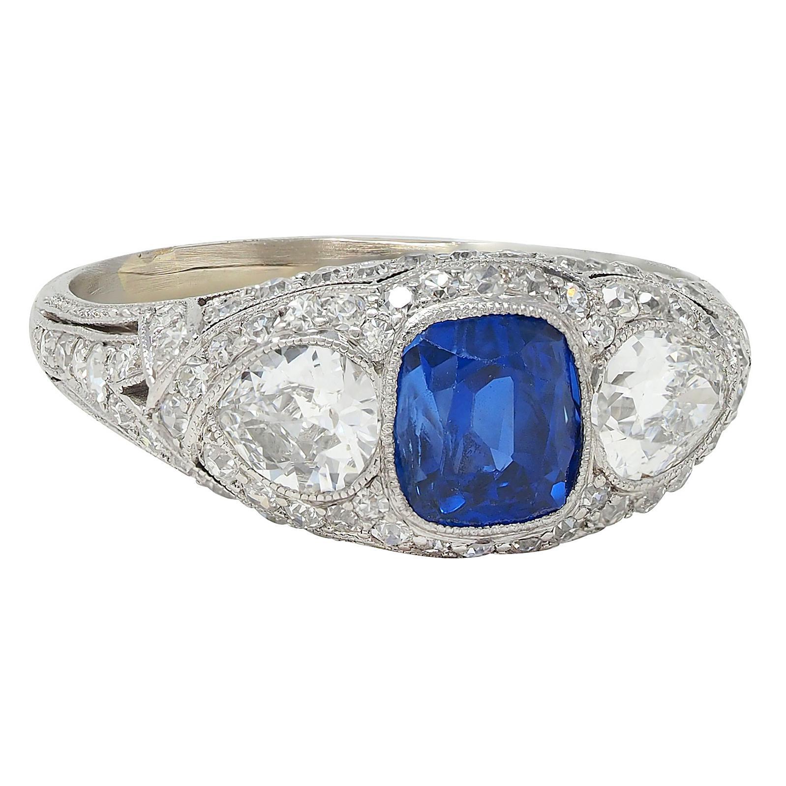 Round Cut Art Deco 2.85 CTW No Heat Ceylon Sapphire Diamond Platinum Vintage Bombé Ring For Sale