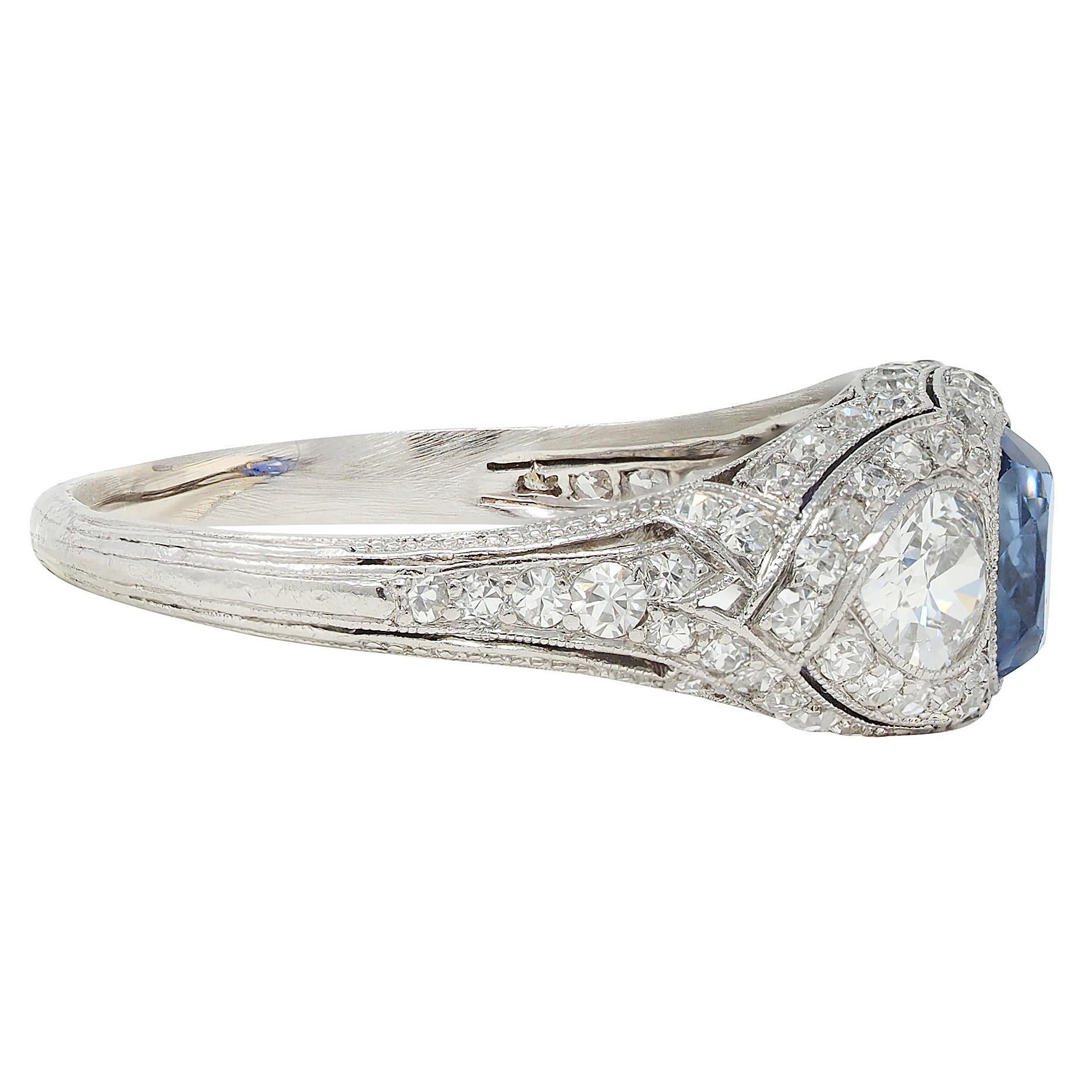 Art Deco 2.85 CTW No Heat Ceylon Sapphire Diamond Platinum Vintage Bombé Ring In Excellent Condition For Sale In Philadelphia, PA