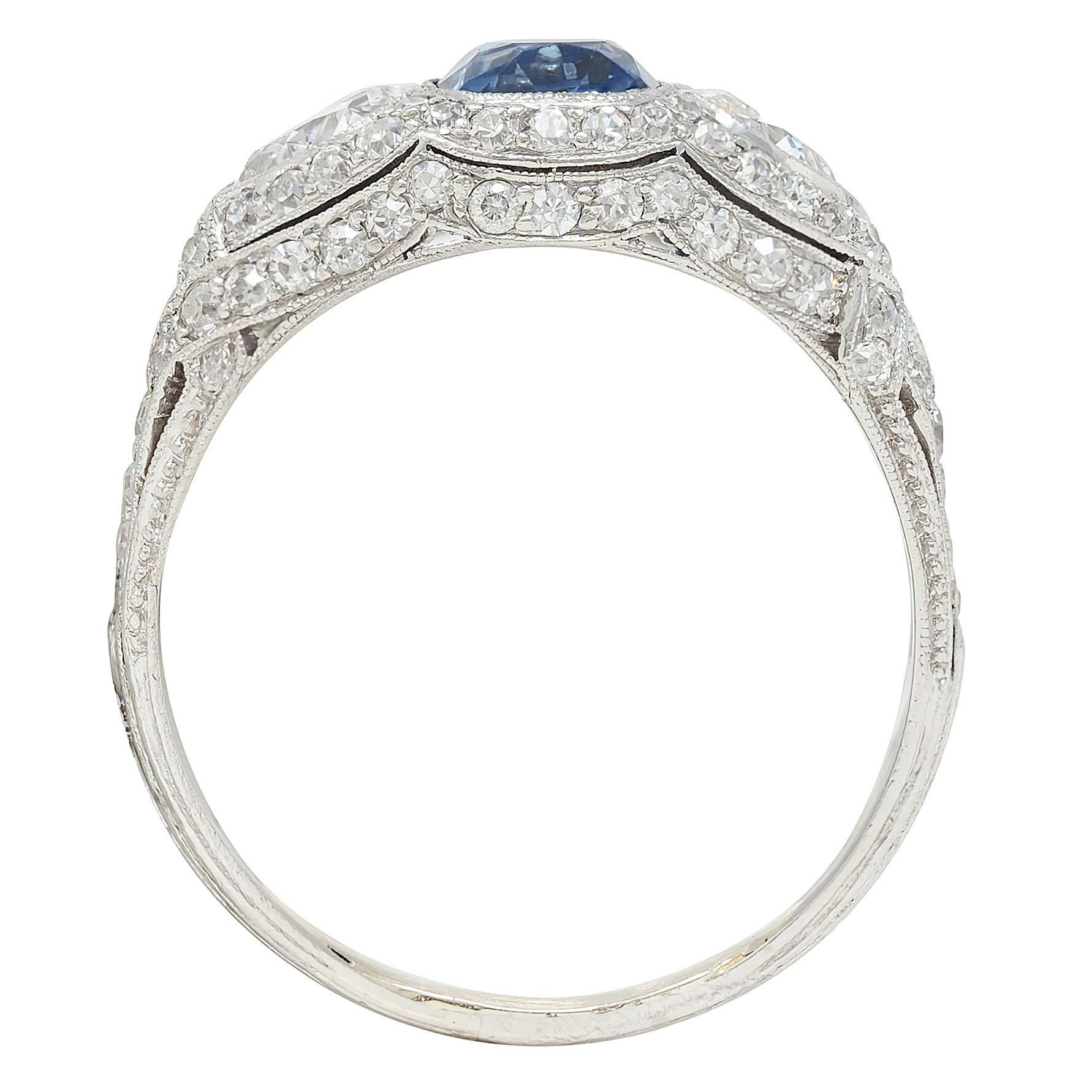 Women's or Men's Art Deco 2.85 CTW No Heat Ceylon Sapphire Diamond Platinum Vintage Bombé Ring For Sale