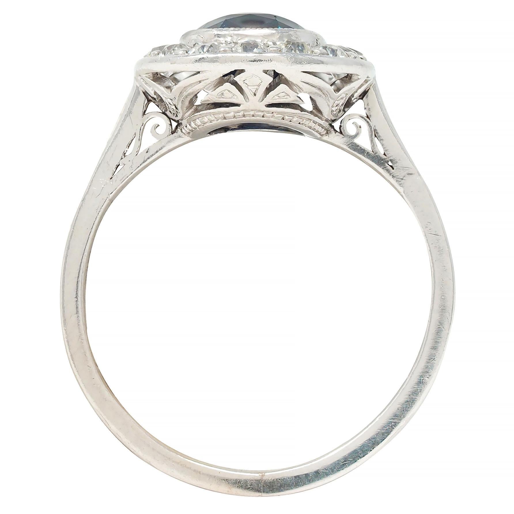 Art Deco 2.85 CTW No Heat Sapphire Diamond Platinum Antique Scroll Halo Ring GIA 5