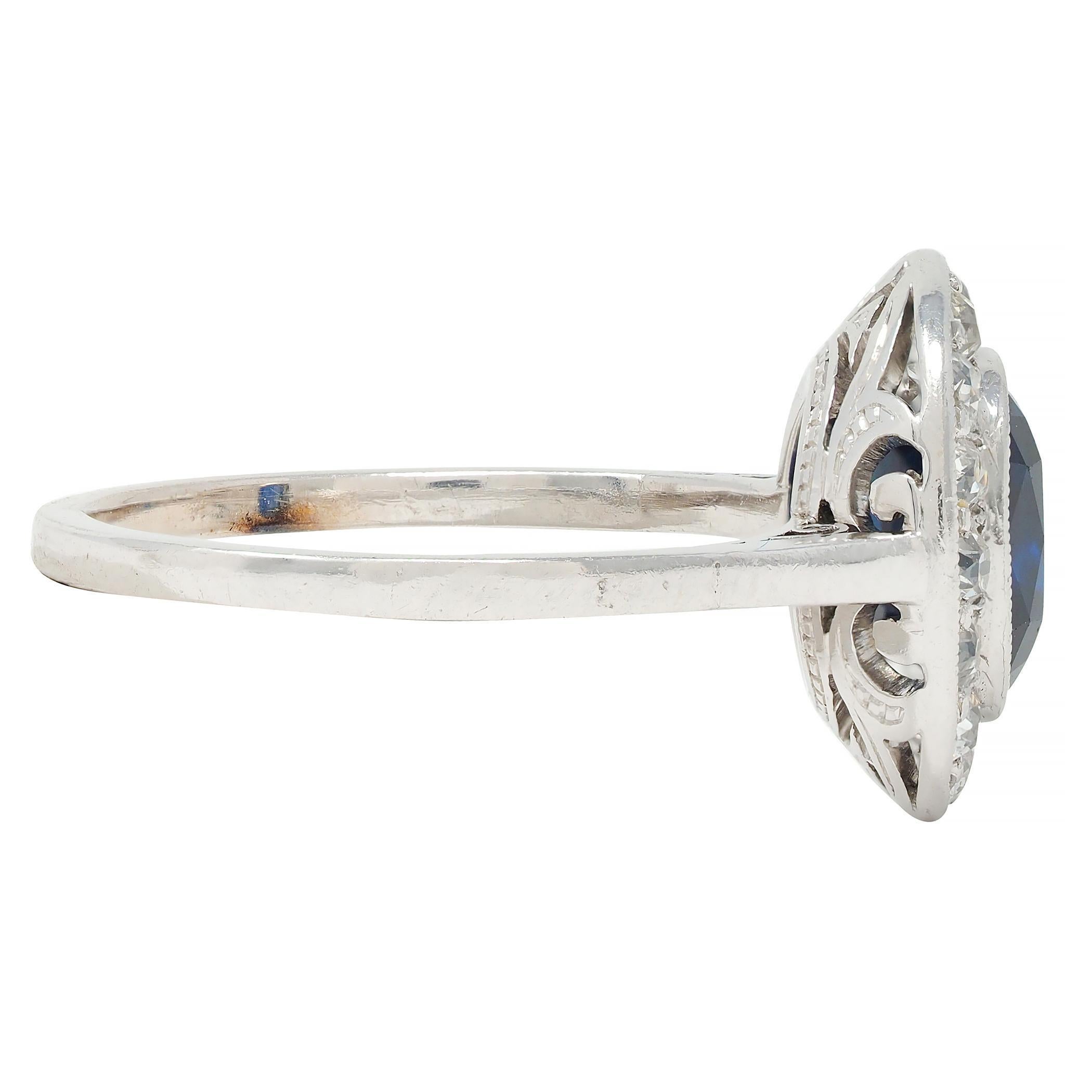 Art Deco 2.85 CTW No Heat Sapphire Diamond Platinum Antique Scroll Halo Ring GIA In Excellent Condition In Philadelphia, PA