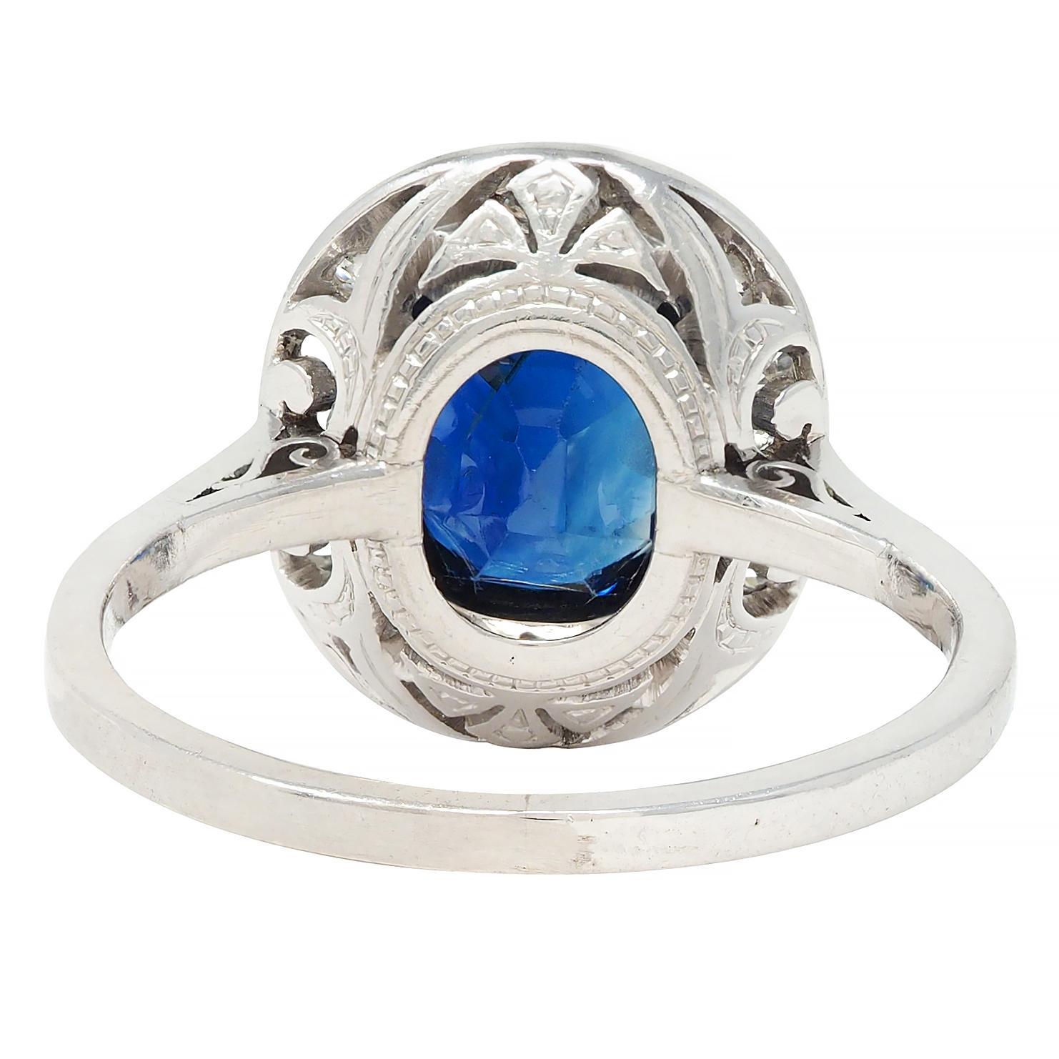 Women's Art Deco 2.85 CTW No Heat Sapphire Diamond Platinum Antique Scroll Halo Ring GIA