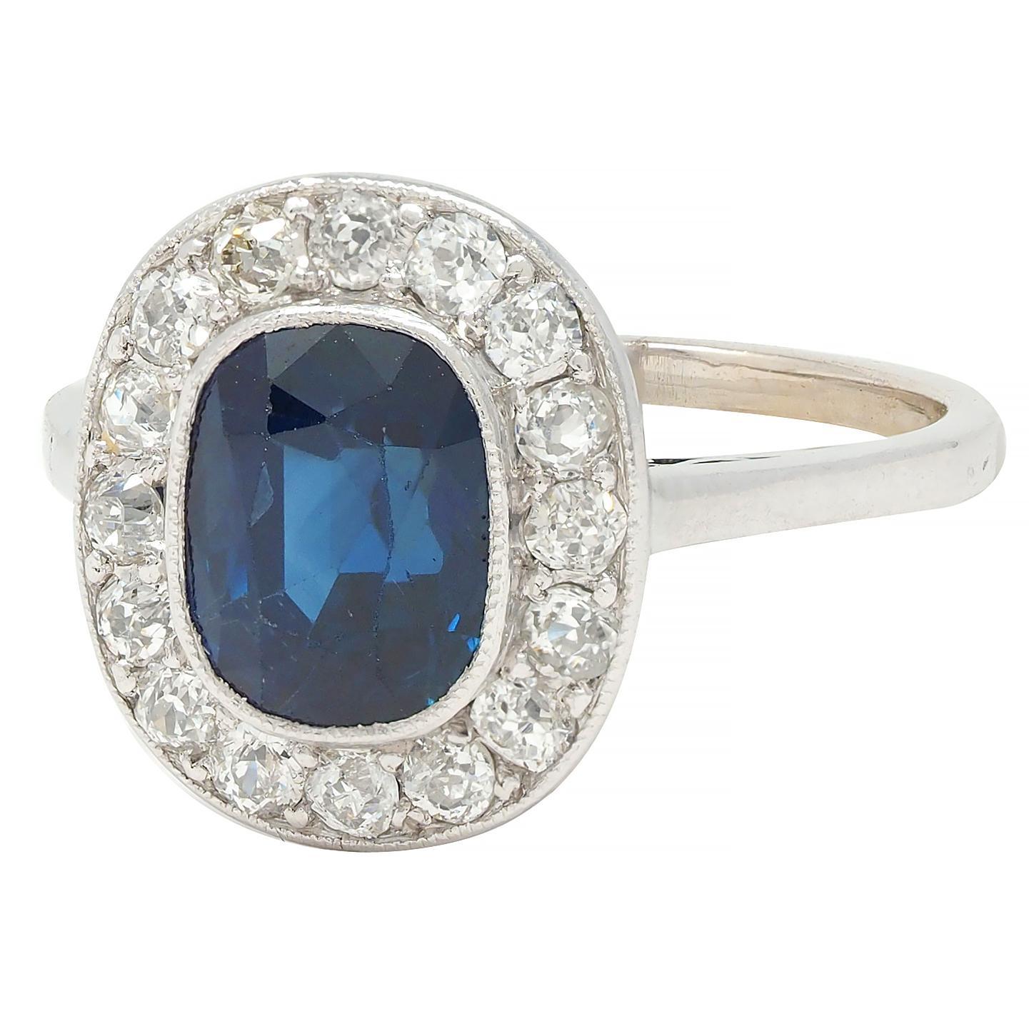 Art Deco 2.85 CTW No Heat Sapphire Diamond Platinum Antique Scroll Halo Ring GIA 2