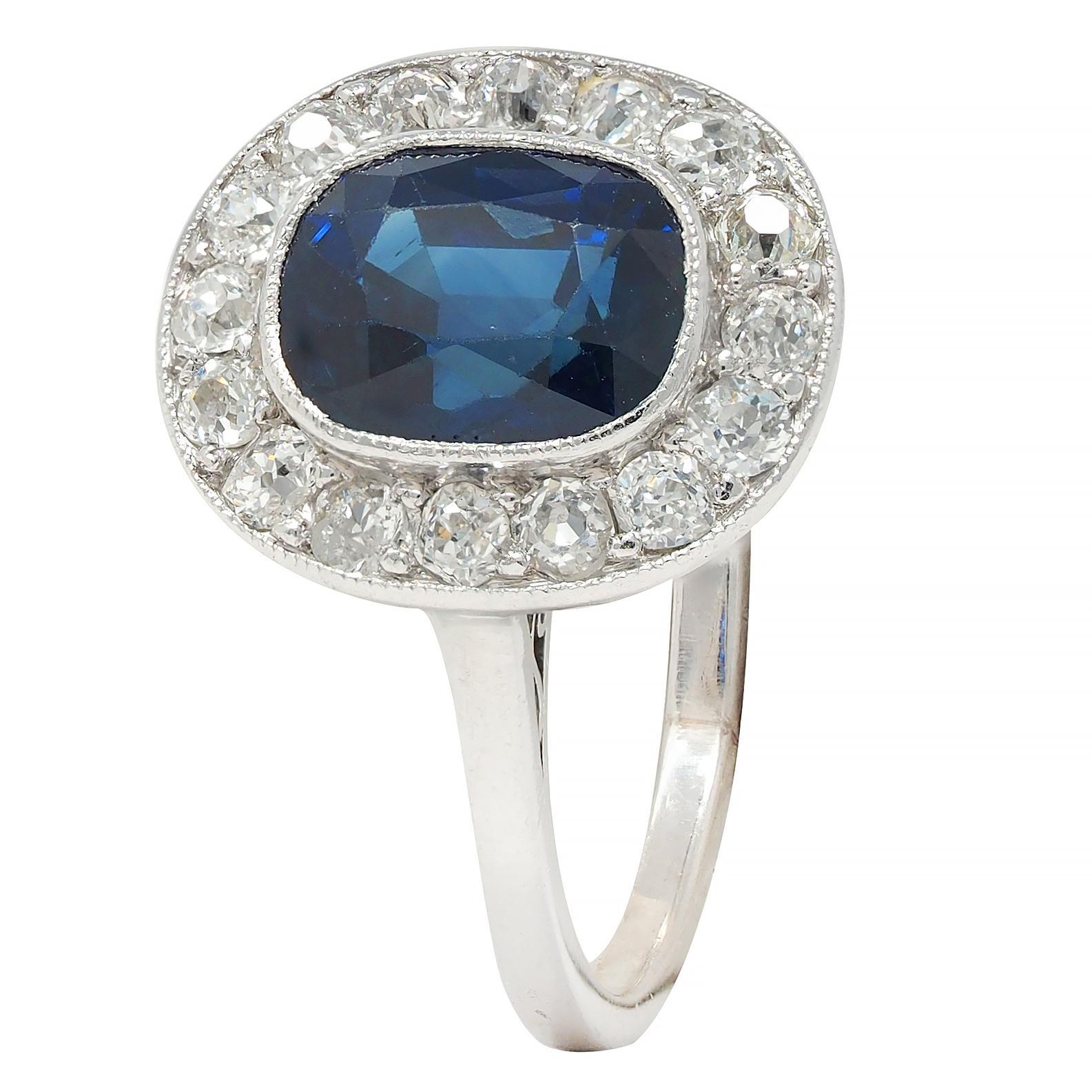 Art Deco 2.85 CTW No Heat Sapphire Diamond Platinum Antique Scroll Halo Ring GIA 3