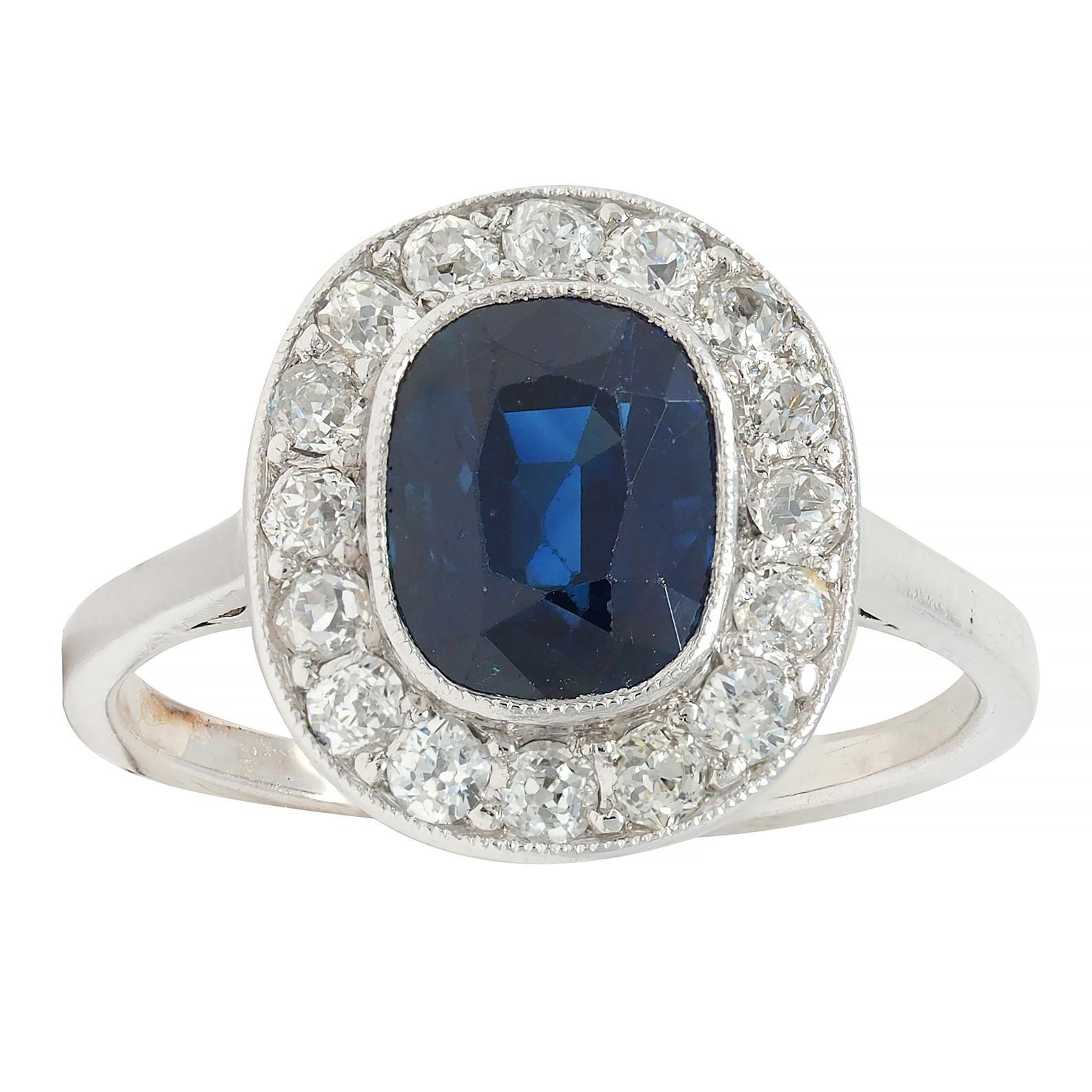 Art Deco 2.85 CTW No Heat Sapphire Diamond Platinum Antique Scroll Halo Ring GIA 4