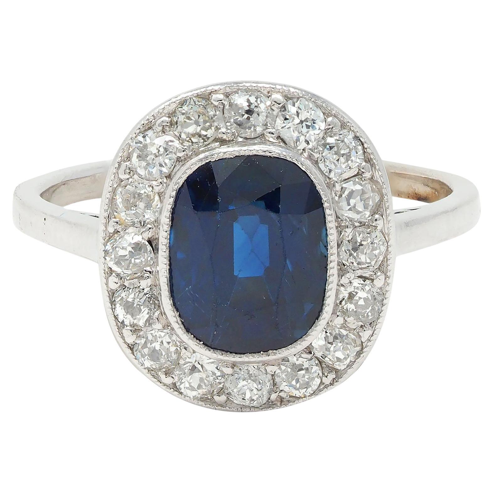 Art Deco 2.85 CTW No Heat Sapphire Diamond Platinum Antique Scroll Halo Ring GIA
