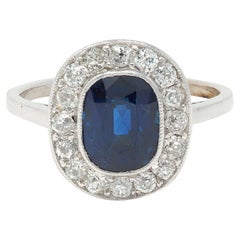 Art Deco 2.85 CTW No Heat Sapphire Diamond Platinum Antique Scroll Halo Ring GIA
