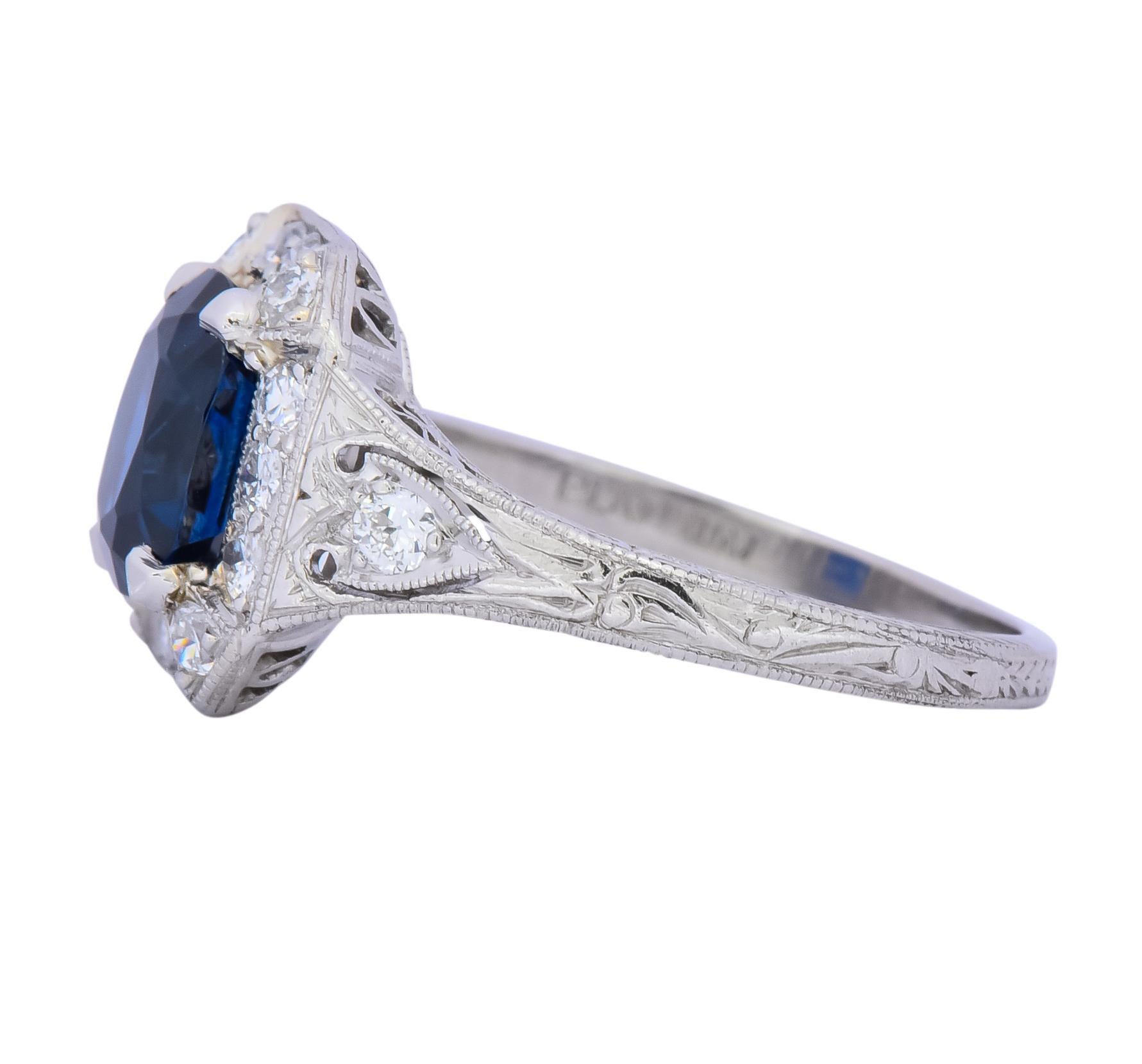 Art Deco 2.86 Carat No Heat Sapphire Diamond Platinum Ring AGL In Excellent Condition In Philadelphia, PA