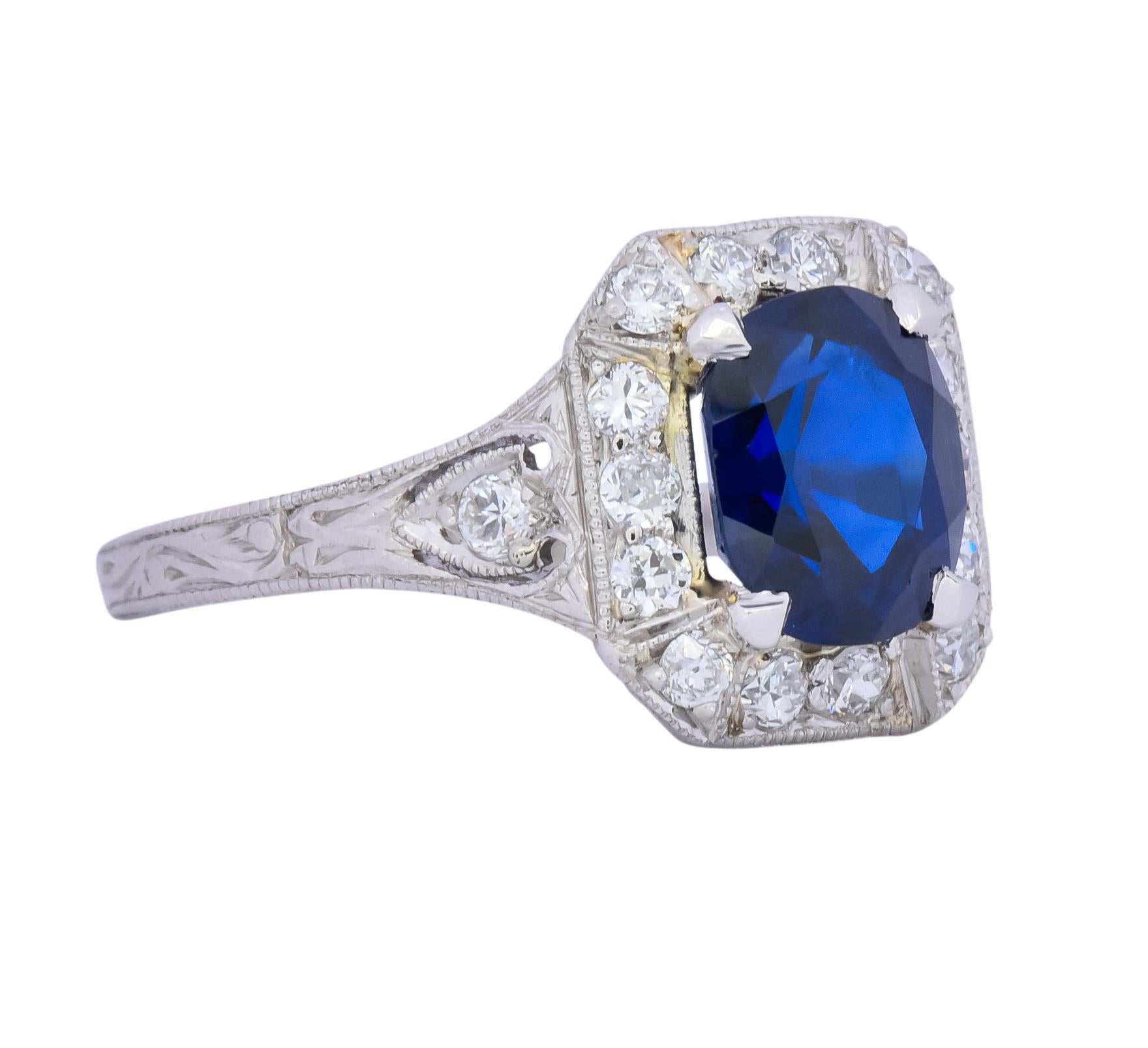 Women's or Men's Art Deco 2.86 Carat No Heat Sapphire Diamond Platinum Ring AGL