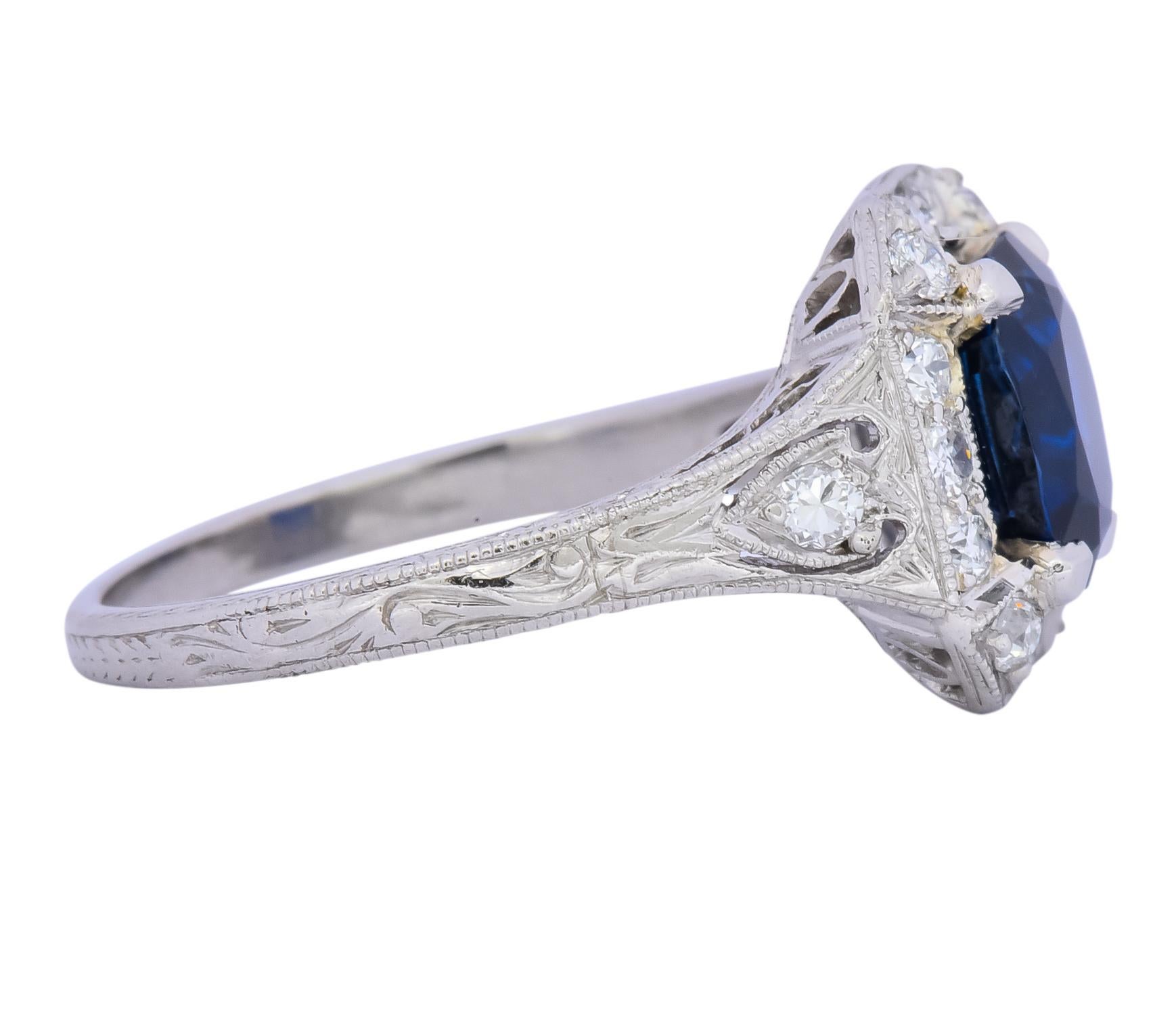 Art Deco 2.86 Carat No Heat Sapphire Diamond Platinum Ring AGL 1