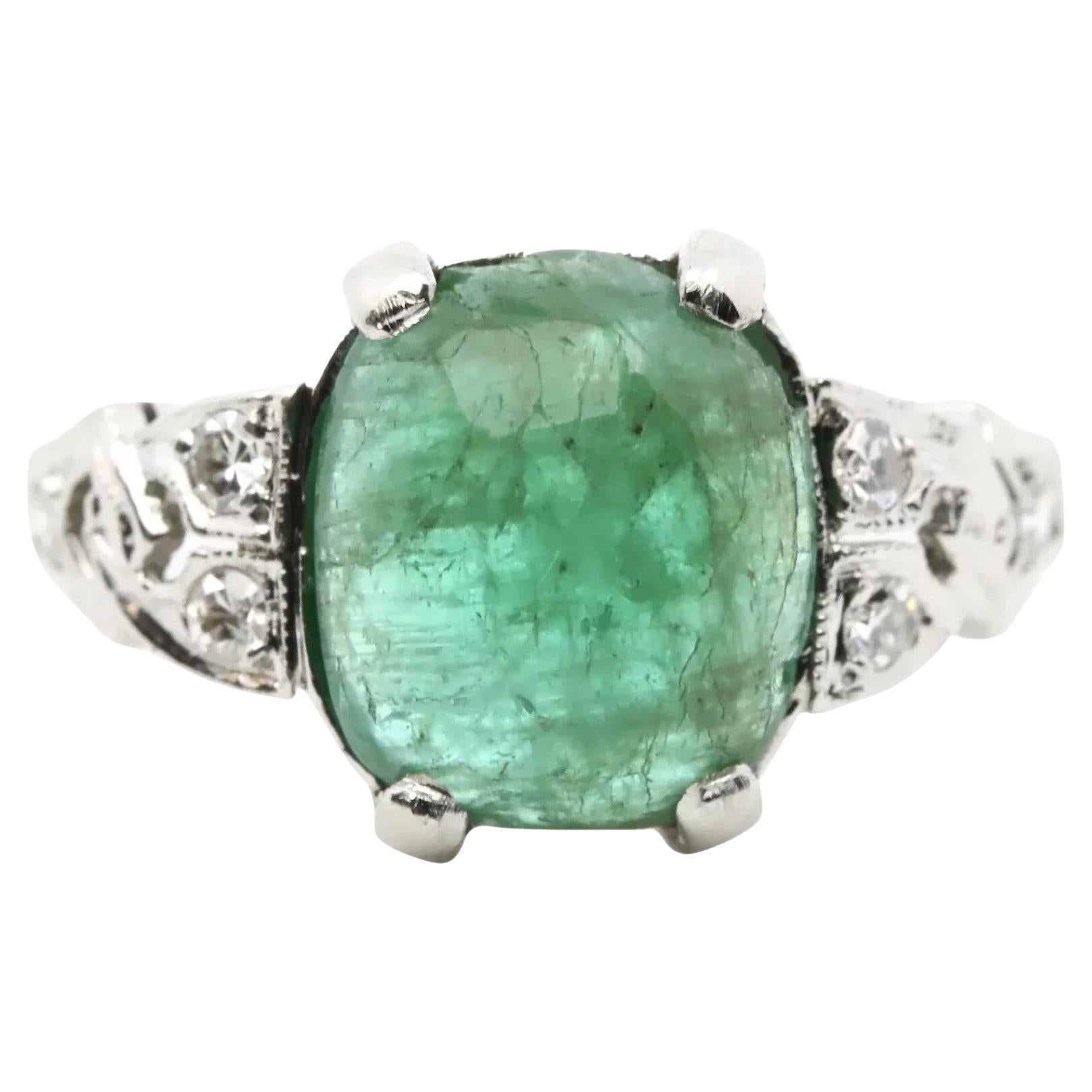 Art Deco 2.86ctw Cabochon Colombian Emerald & Diamond Ring in Platinum For Sale