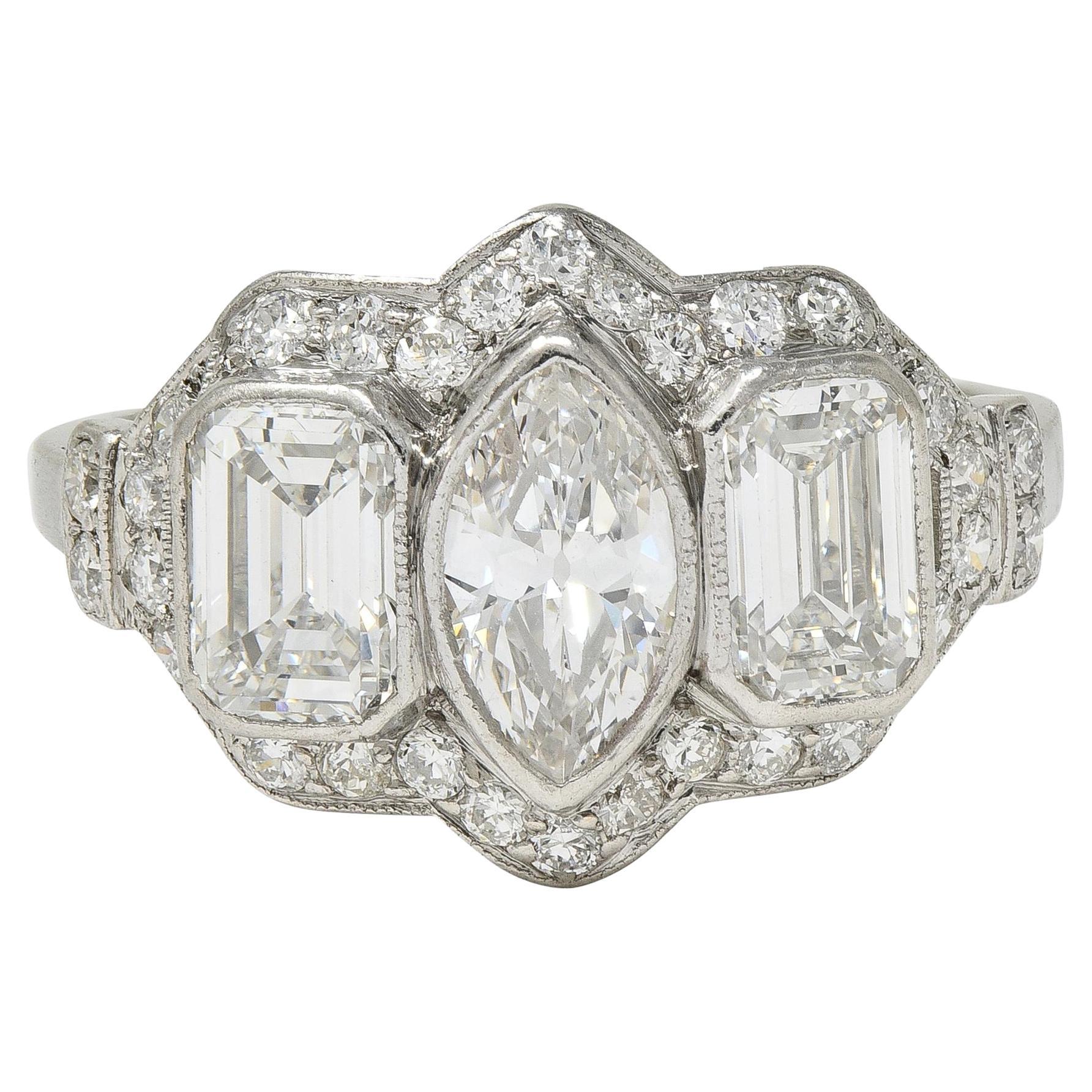 Art Decó 2.87 CTW Diamante talla marquesa Anillo de compromiso halo vintage en platino