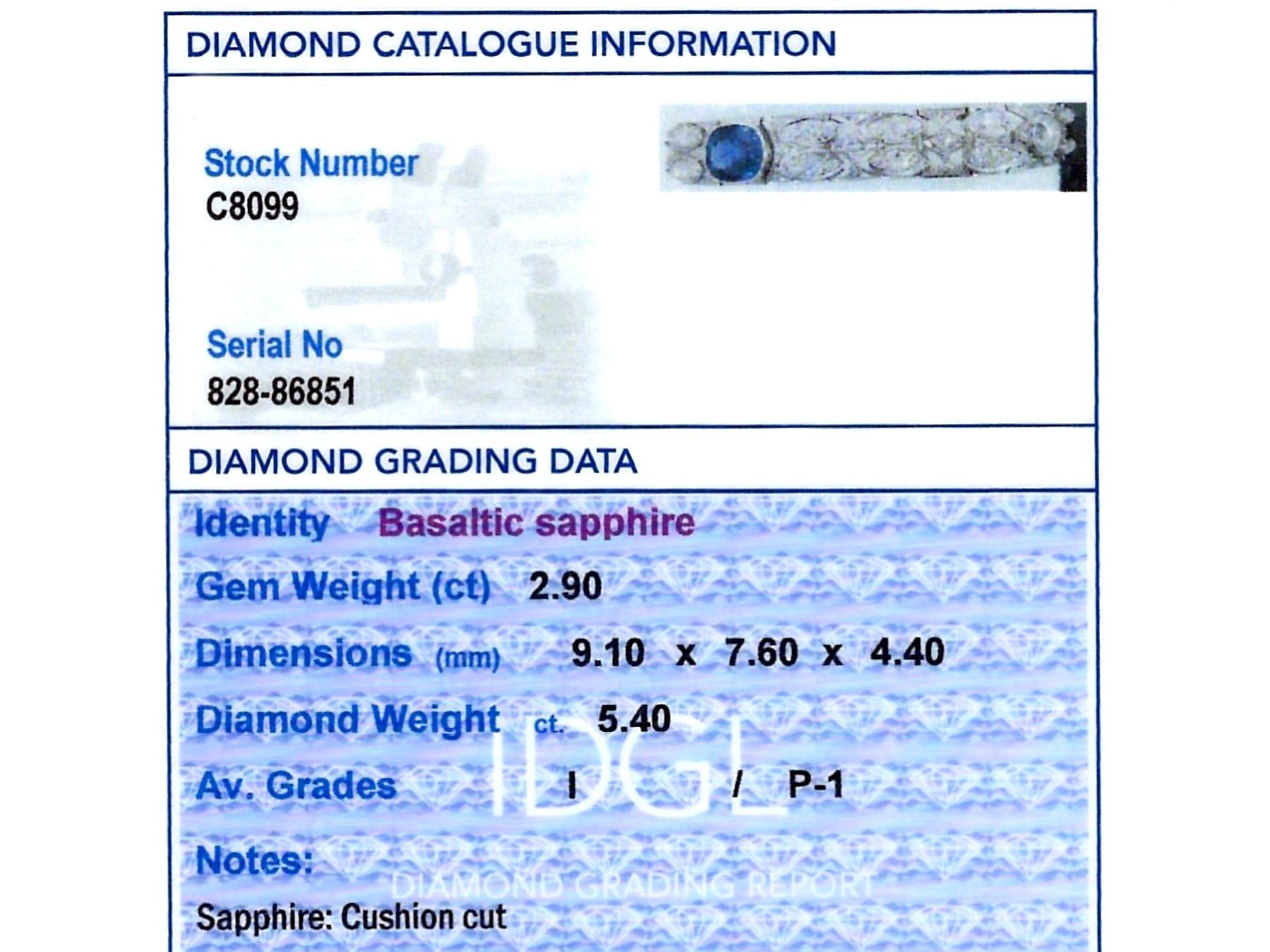 Art Deco 2.90 Carat Basaltic Sapphire and 5.40 Carat Diamond Platinum Bracelet For Sale 8