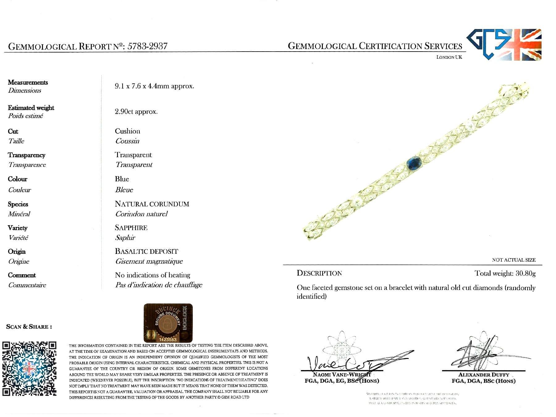 Art Deco 2.90 Carat Basaltic Sapphire and 5.40 Carat Diamond Platinum Bracelet For Sale 13