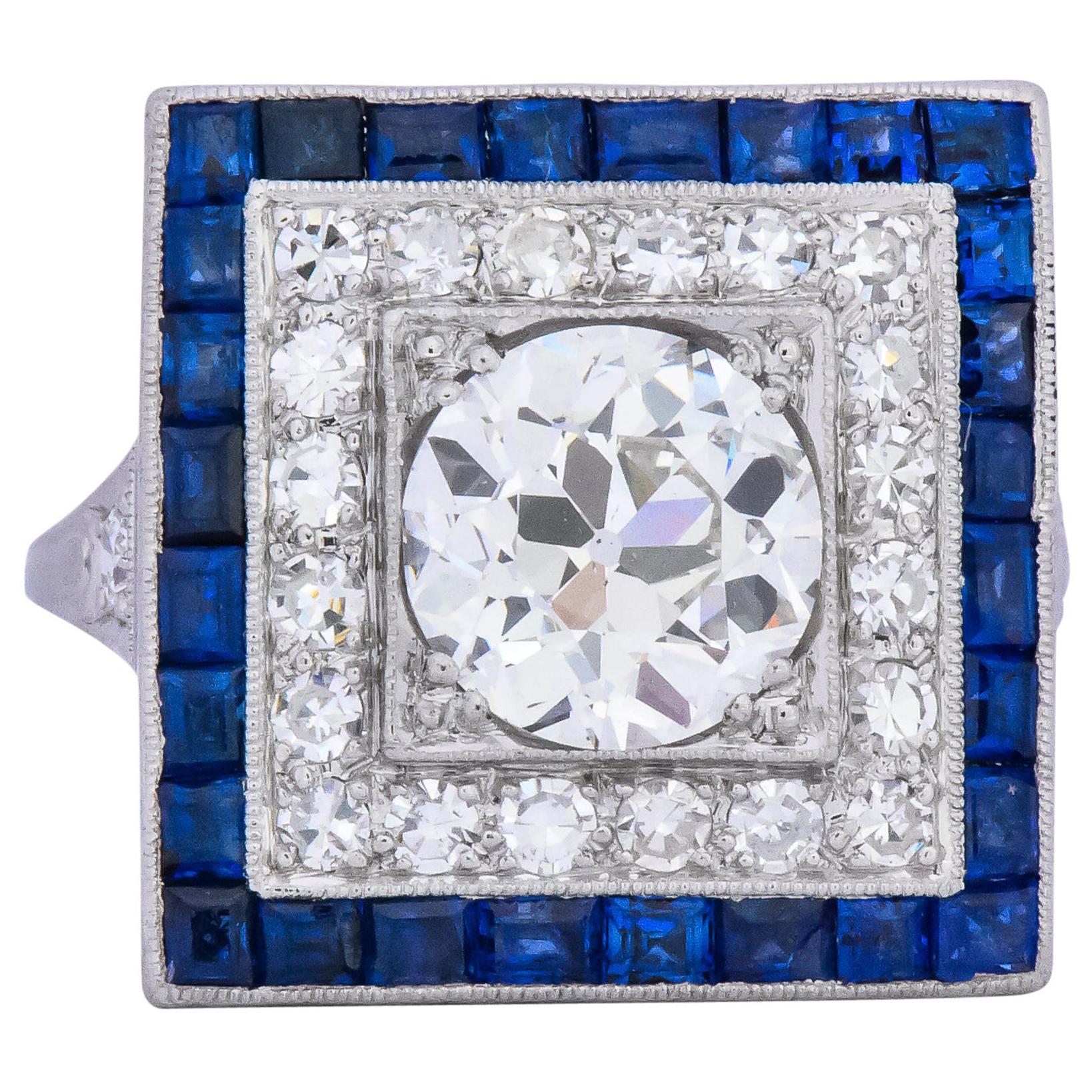 Art Deco 2.90 Carat Diamond Sapphire Cocktail Platinum Dinner Ring GIA