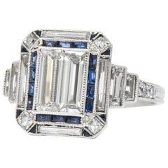 Art Deco 2.90 Carat Diamond Sapphire Platinum Engagement Ring