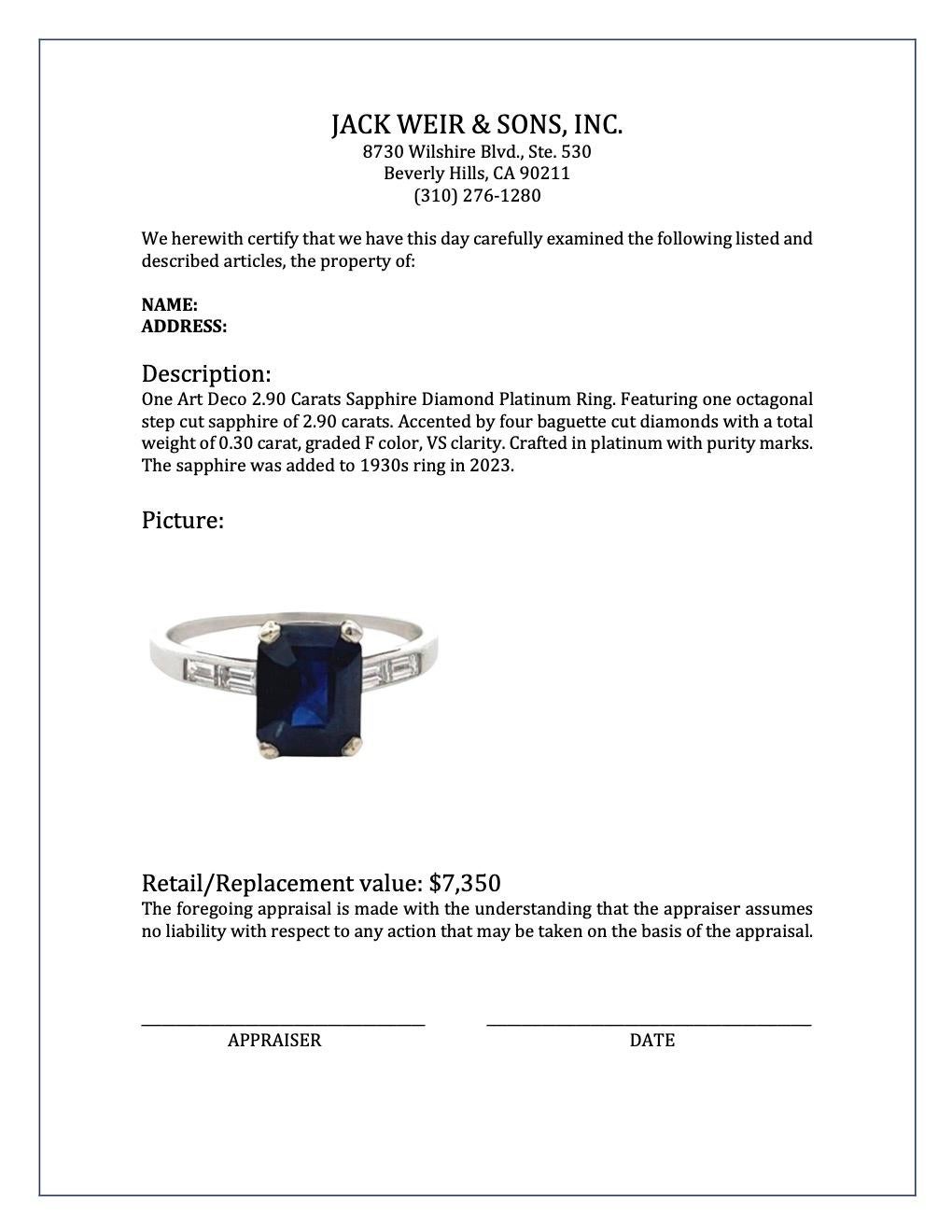 Art Deco 2.90 Carats Sapphire Diamond Platinum Ring 2