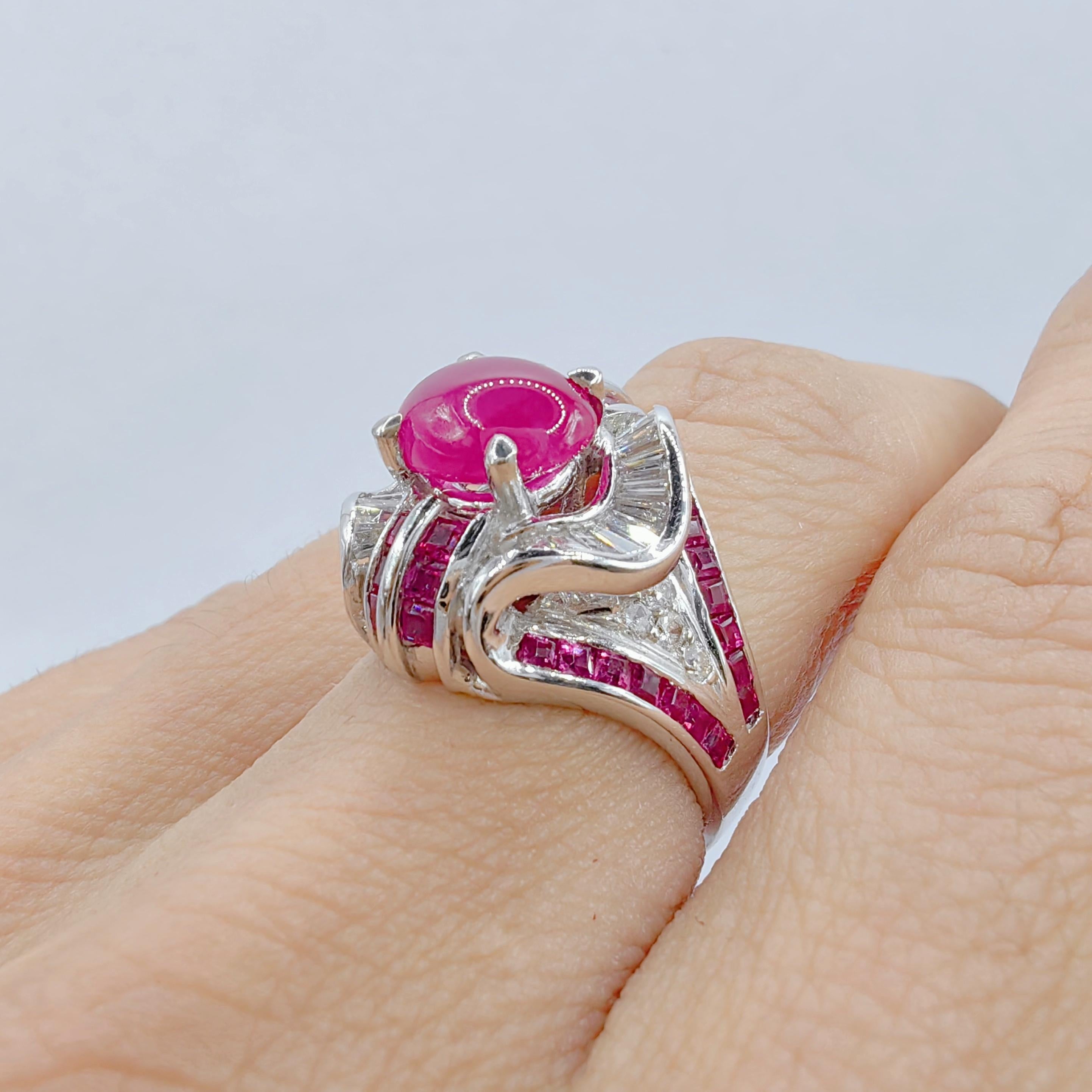 2.91 Carat Cabochon Ruby Diamond Art Deco Style Ring in 14K White Gold For Sale 6