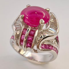 2.91 Carat Cabochon Ruby Diamond Art Deco Style Ring in 14K White Gold