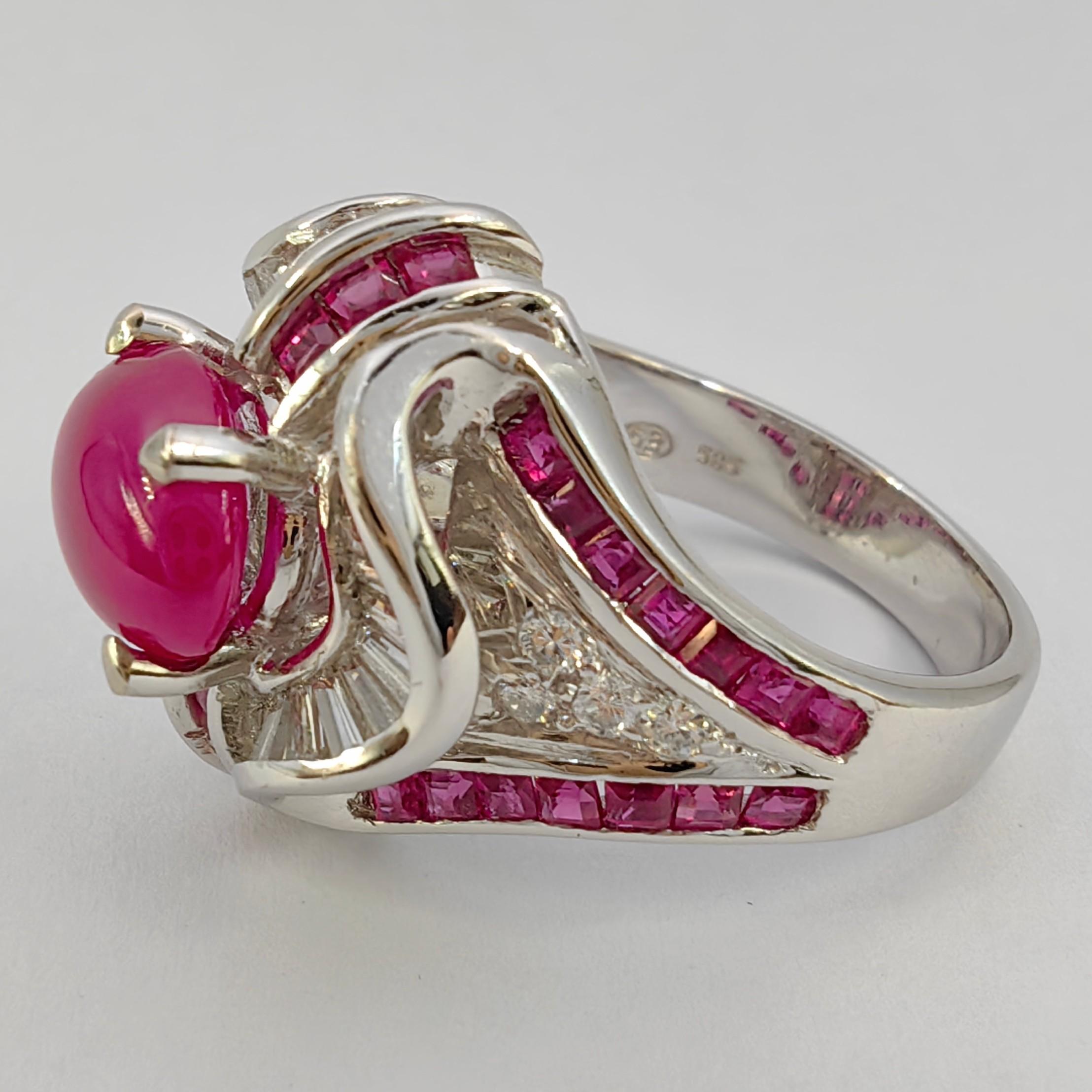 Art Deco 2.91 Carat Cabochon Ruby Diamond Ring in 14K White Gold For Sale 1