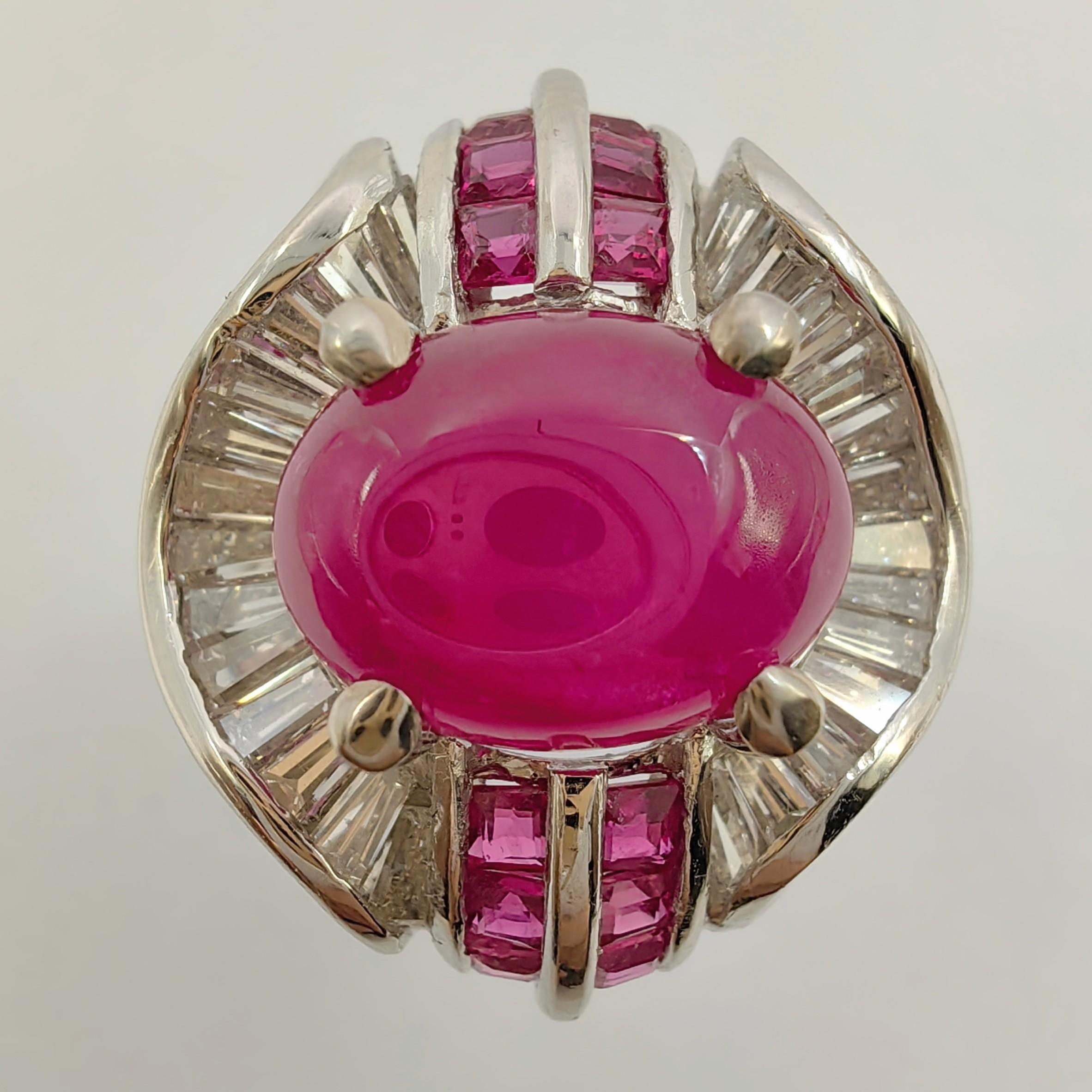 Women's or Men's 2.91 Carat Cabochon Ruby Diamond Art Deco Style Ring in 14K White Gold For Sale