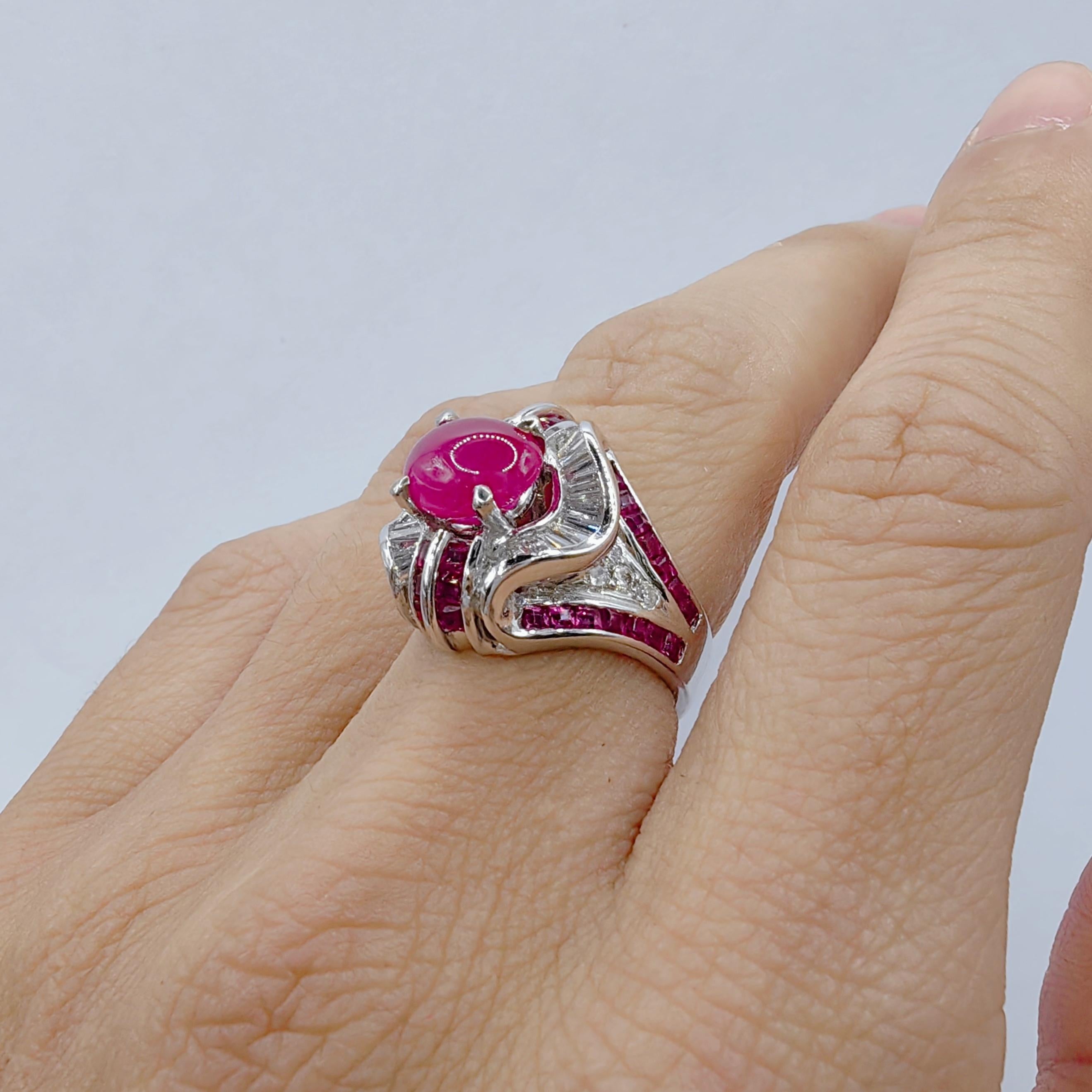 2.91 Carat Cabochon Ruby Diamond Art Deco Style Ring in 14K White Gold For Sale 5