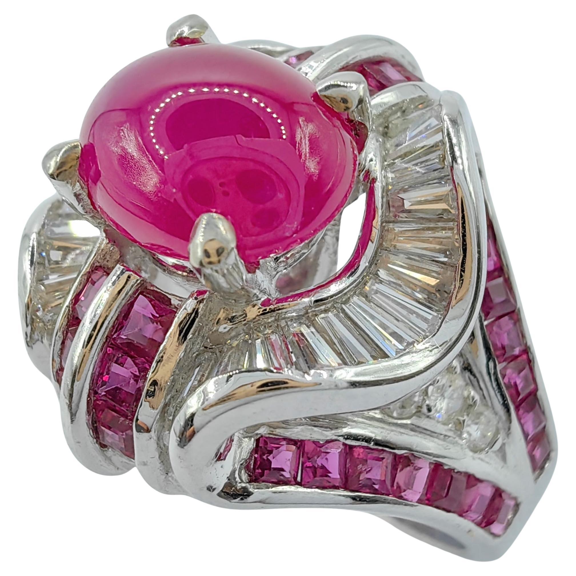 Art Deco 2.91 Carat Cabochon Ruby Diamond Ring in 14K White Gold For Sale