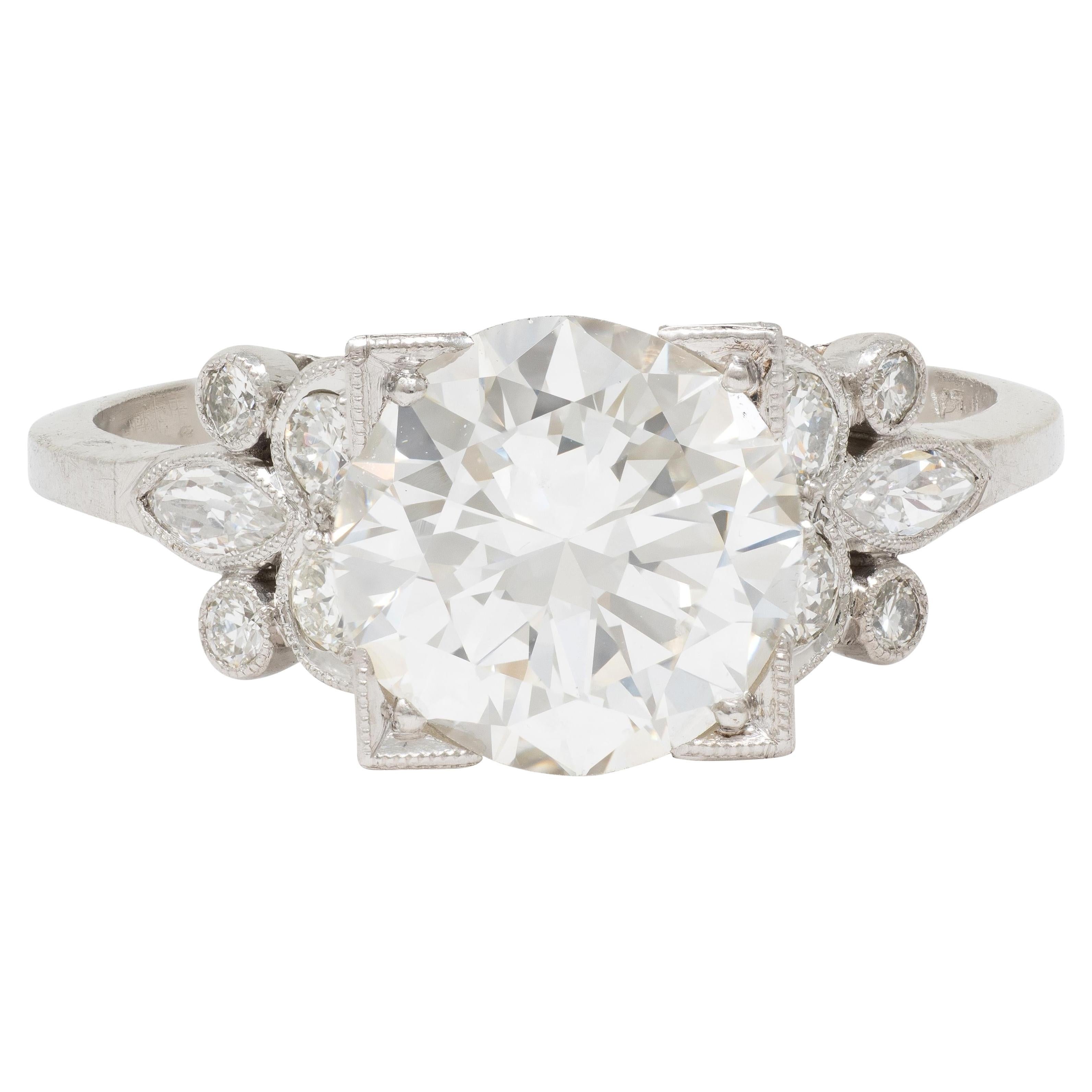 Art Deco 2.91 CTW Diamond Platinum Vintage Foliate Engagement Ring GIA For Sale