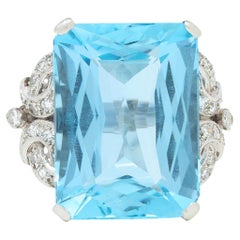 Art Deco 29.25 CTW Aquamarine Diamond Platinum Scrolling Ribbon Cocktail Ring