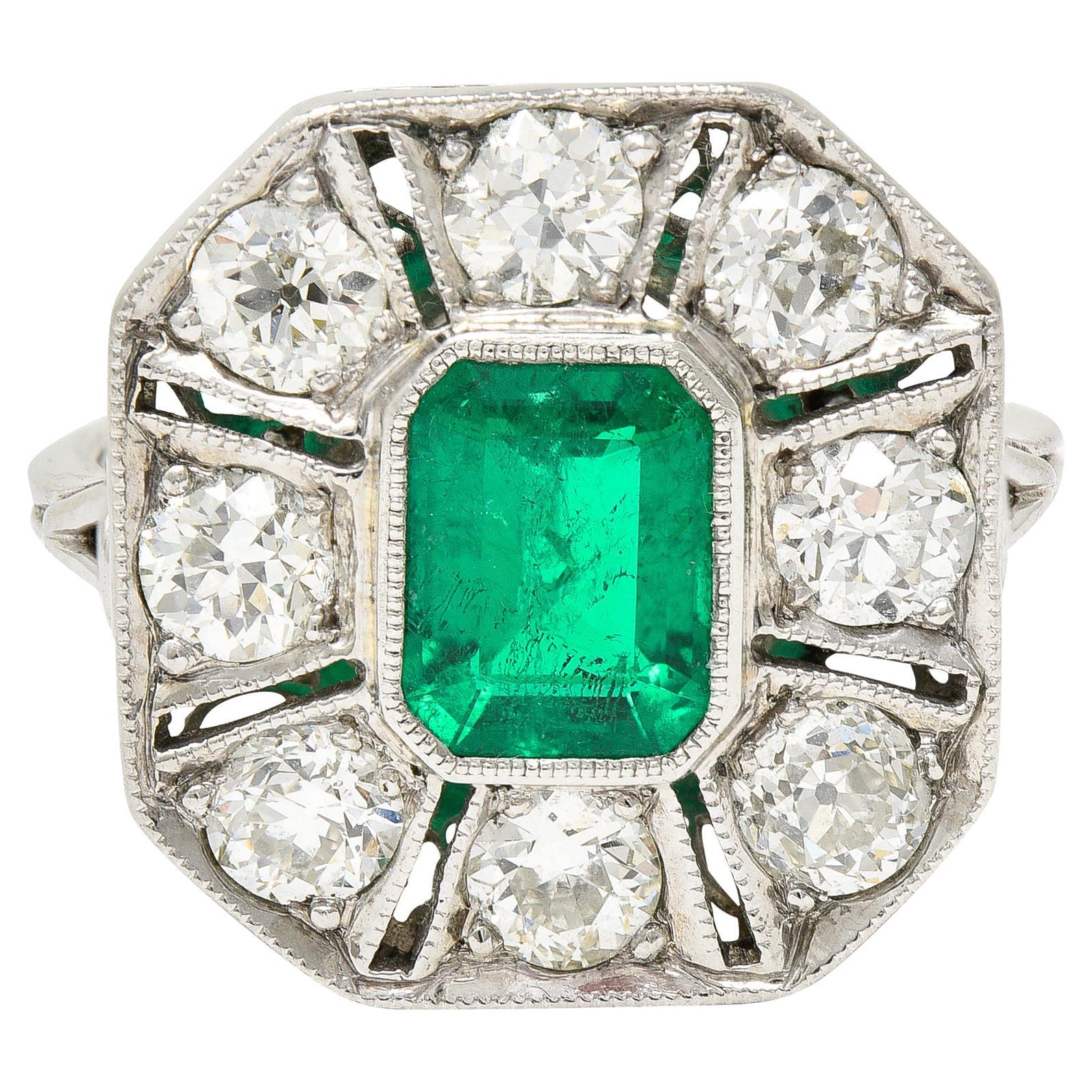 Art Deco 2.93 Carats Emerald Old European Cut Diamond Platinum Cluster Ring GIA