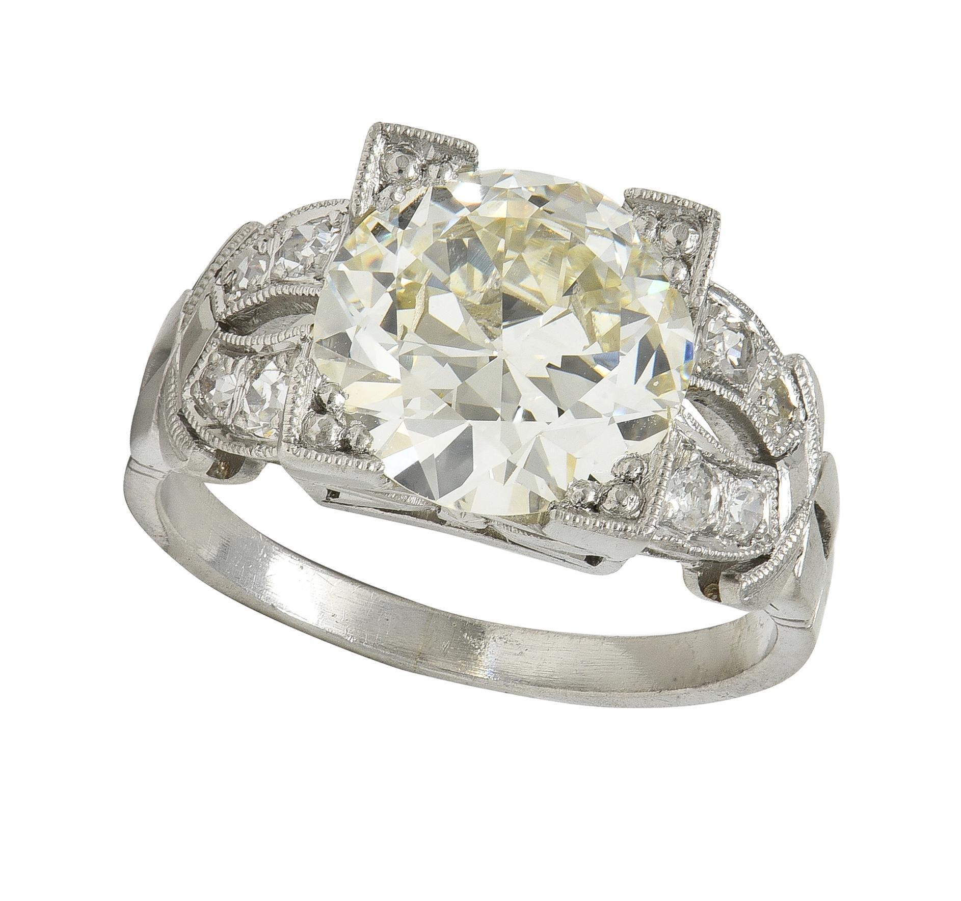 Bague de fiançailles vintage Art déco avec boucle en platine et diamants européens 2,95 carats certifiés GIA en vente 4