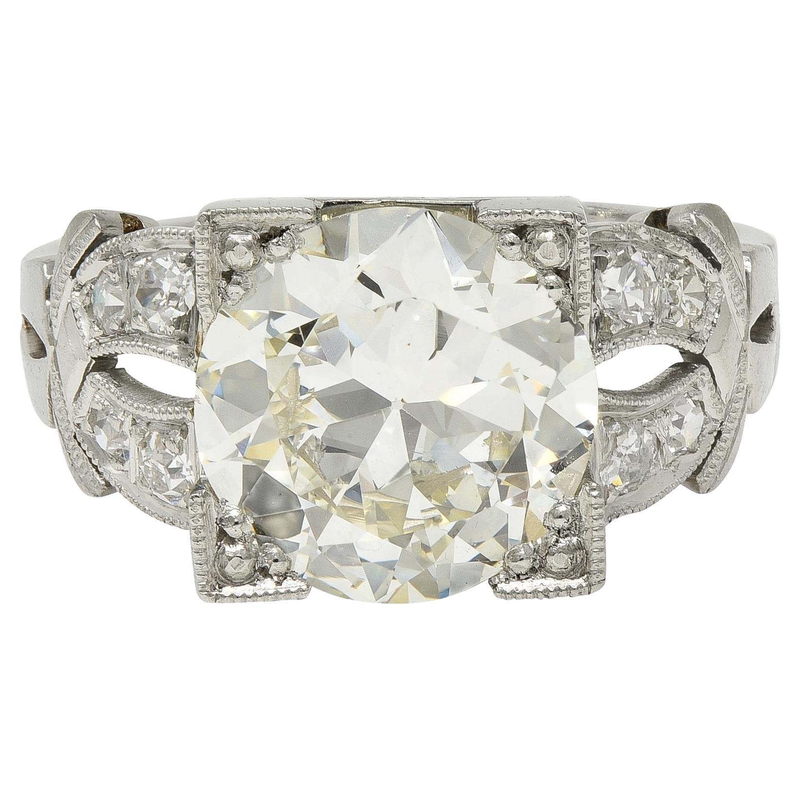 Art Deco 2.95 CTW European Diamond Platinum Vintage Buckle Engagement Ring GIA