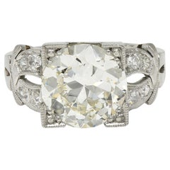 Art Deco 2.95 CTW European Diamond Platinum Vintage Buckle Engagement Ring GIA