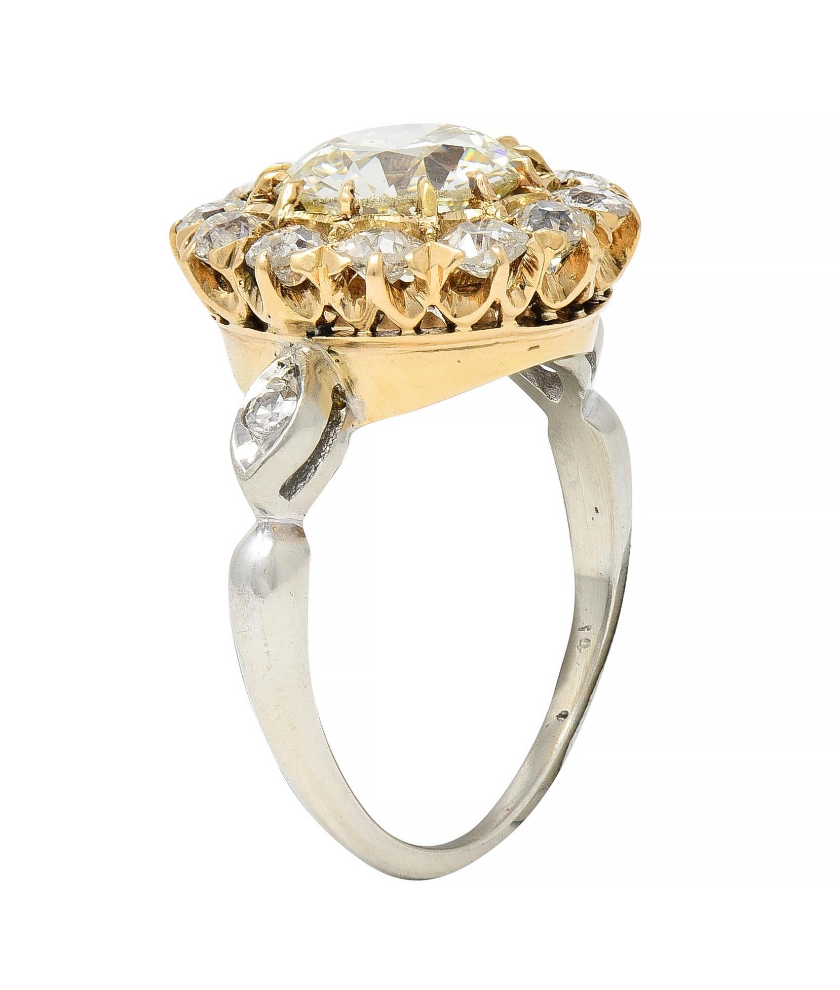 Art Deco 2.95 CTW Old European Cut Diamond 14 Karat Gold Cluster Ring GIA In Excellent Condition For Sale In Philadelphia, PA