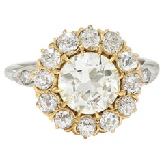 Art Deco 2,95 Karat Diamant im alteuropäischen Schliff 14 Karat Gold Cluster-Ring GIA
