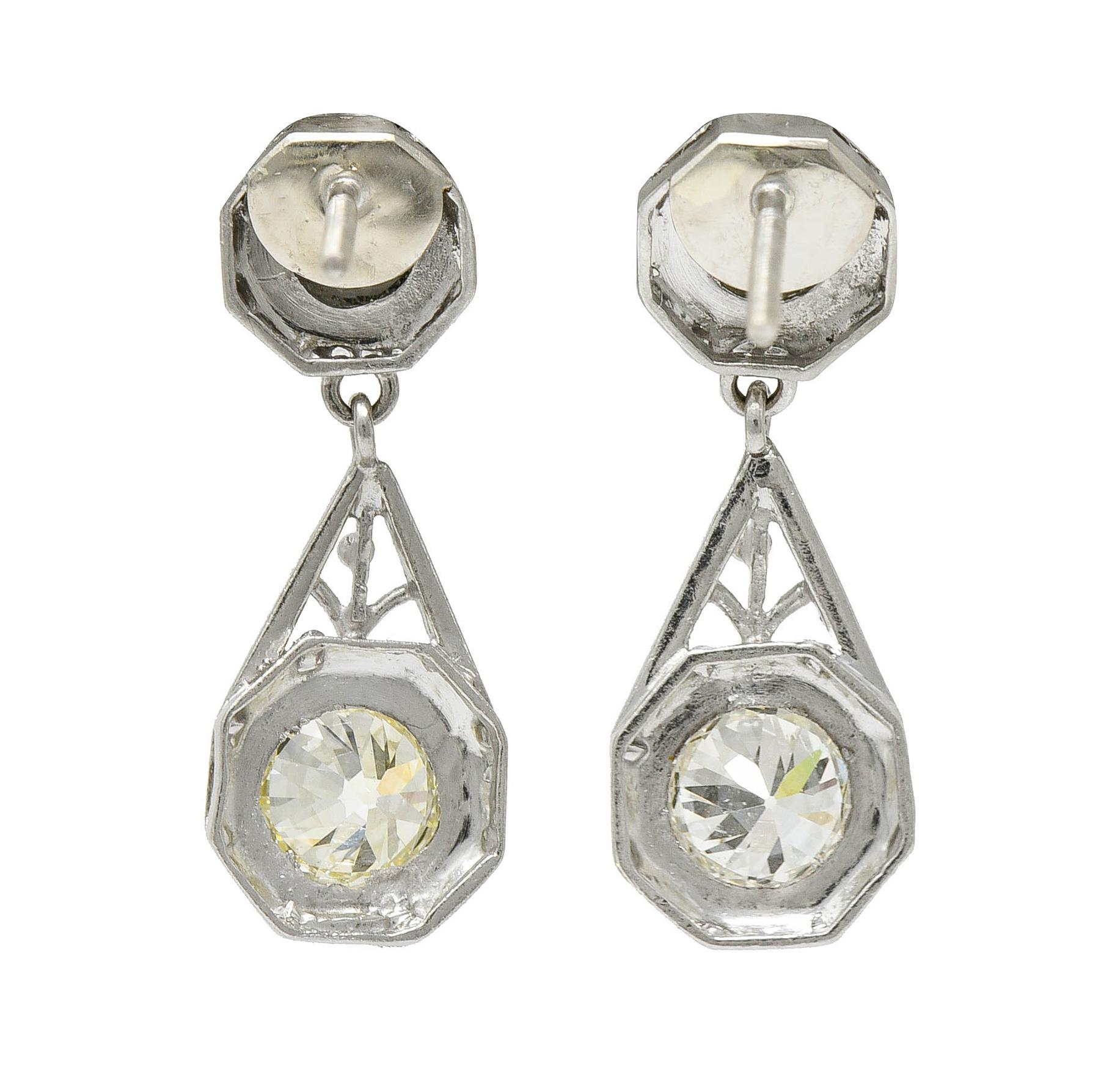 Old European Cut Art Deco 2.96 Carats Diamond Platinum Octagonal Drop Earrings