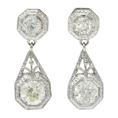 Art Deco 2.96 Carats Diamond Platinum Octagonal Drop Earrings