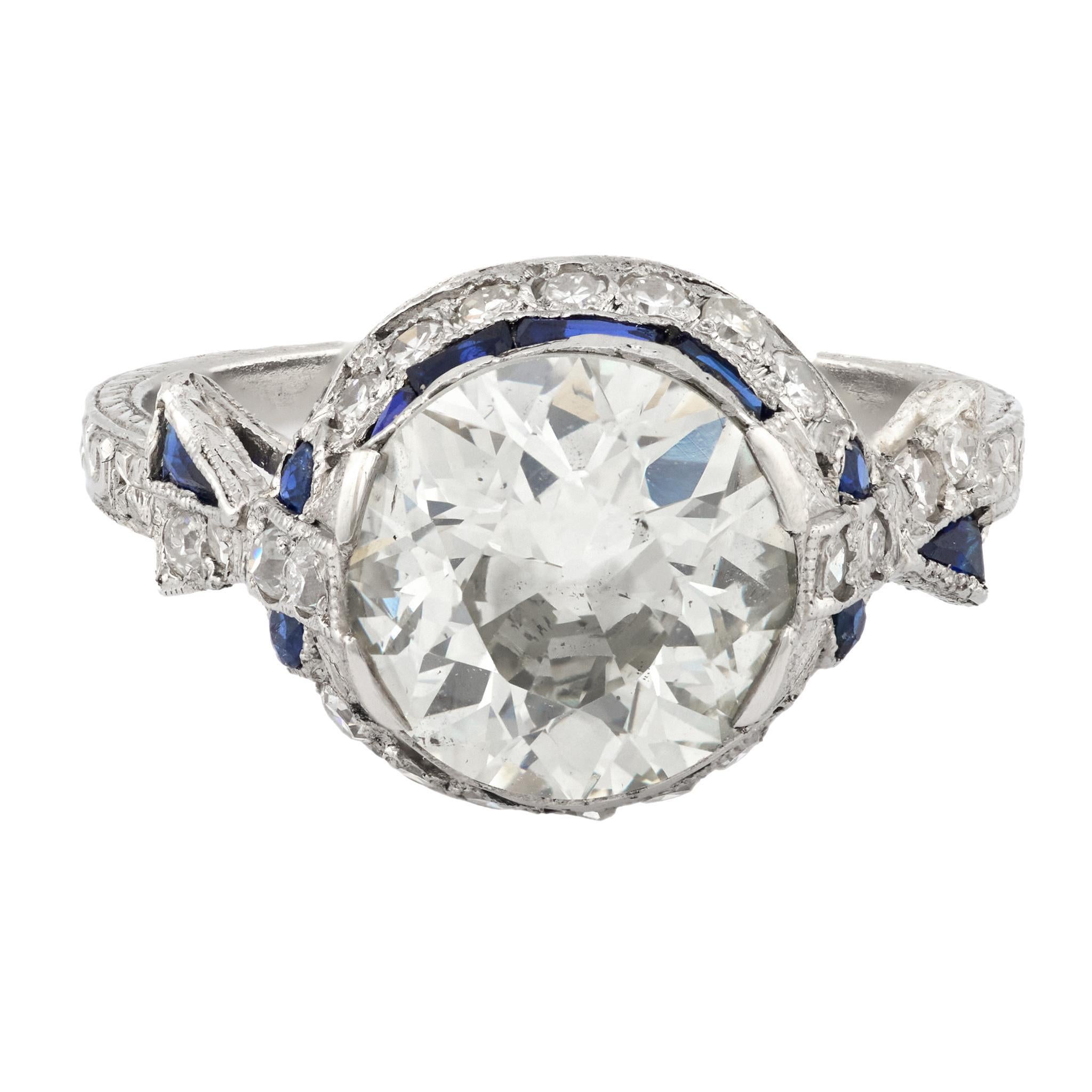 Bague de fiançailles Art déco 2,98 carats diamant saphir platine Bon état - En vente à Beverly Hills, CA