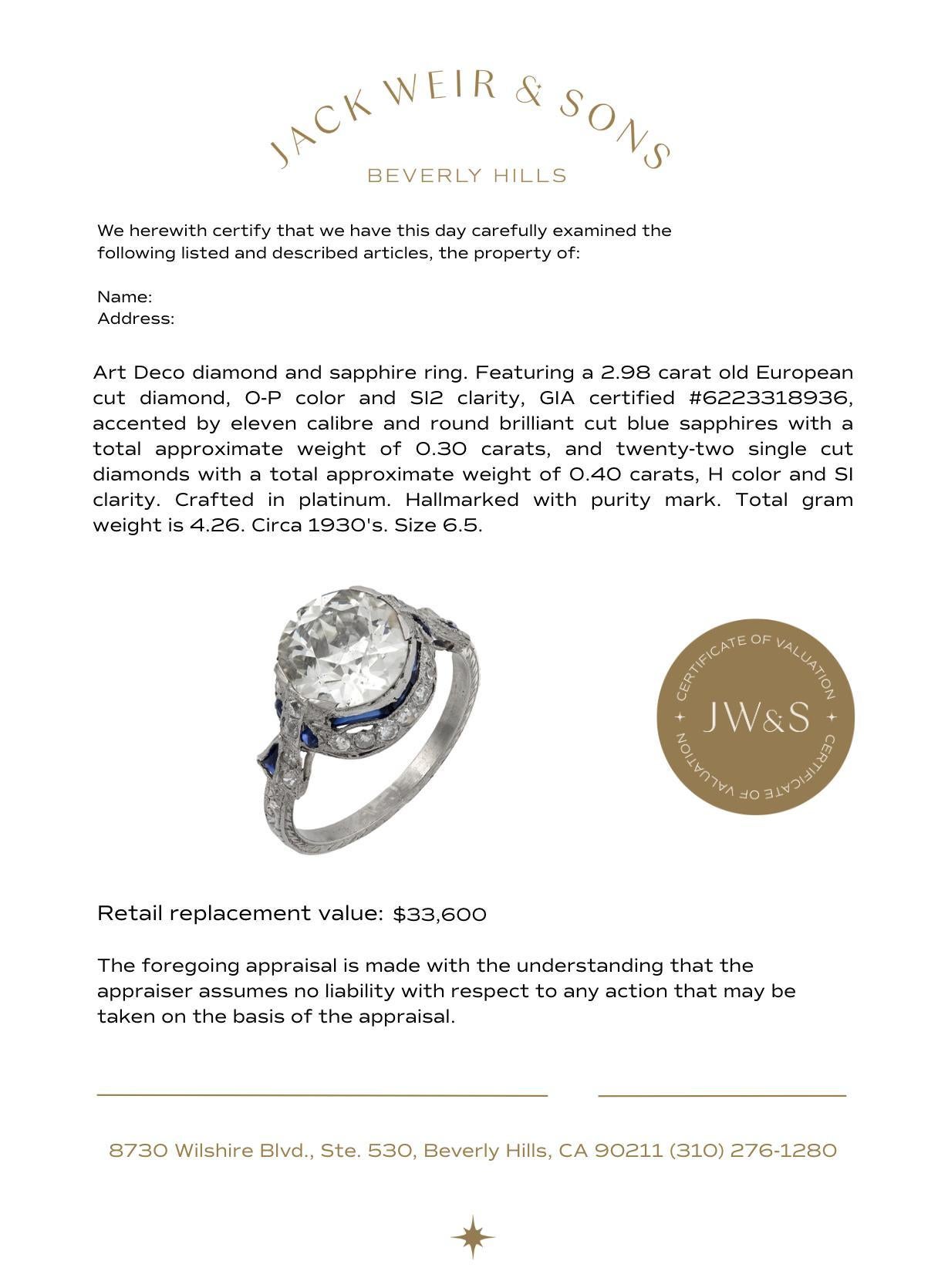 Bague de fiançailles Art déco 2,98 carats diamant saphir platine en vente 1
